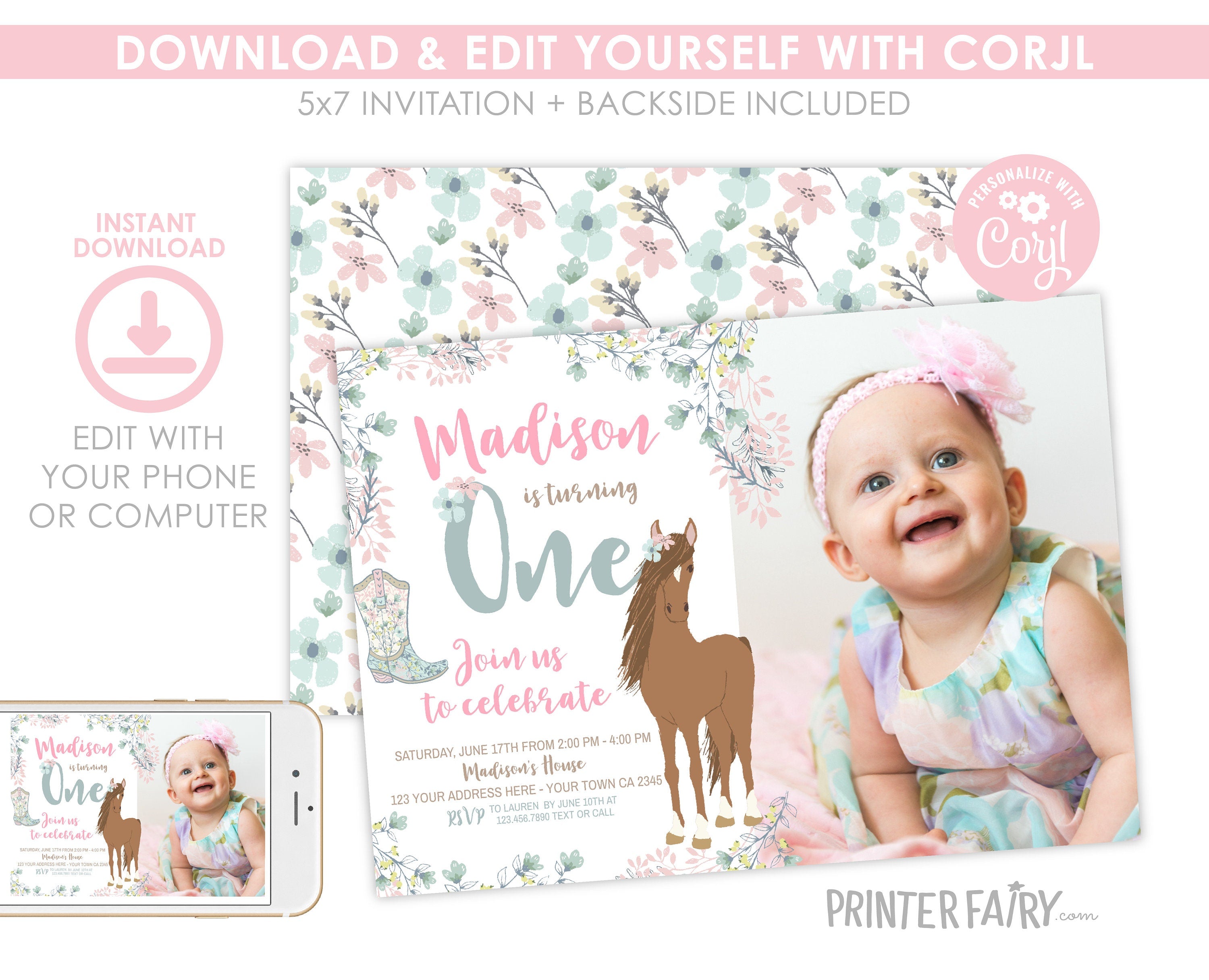 Floral Horse 1st Birthday Invitation with Photo (Digital Download)
