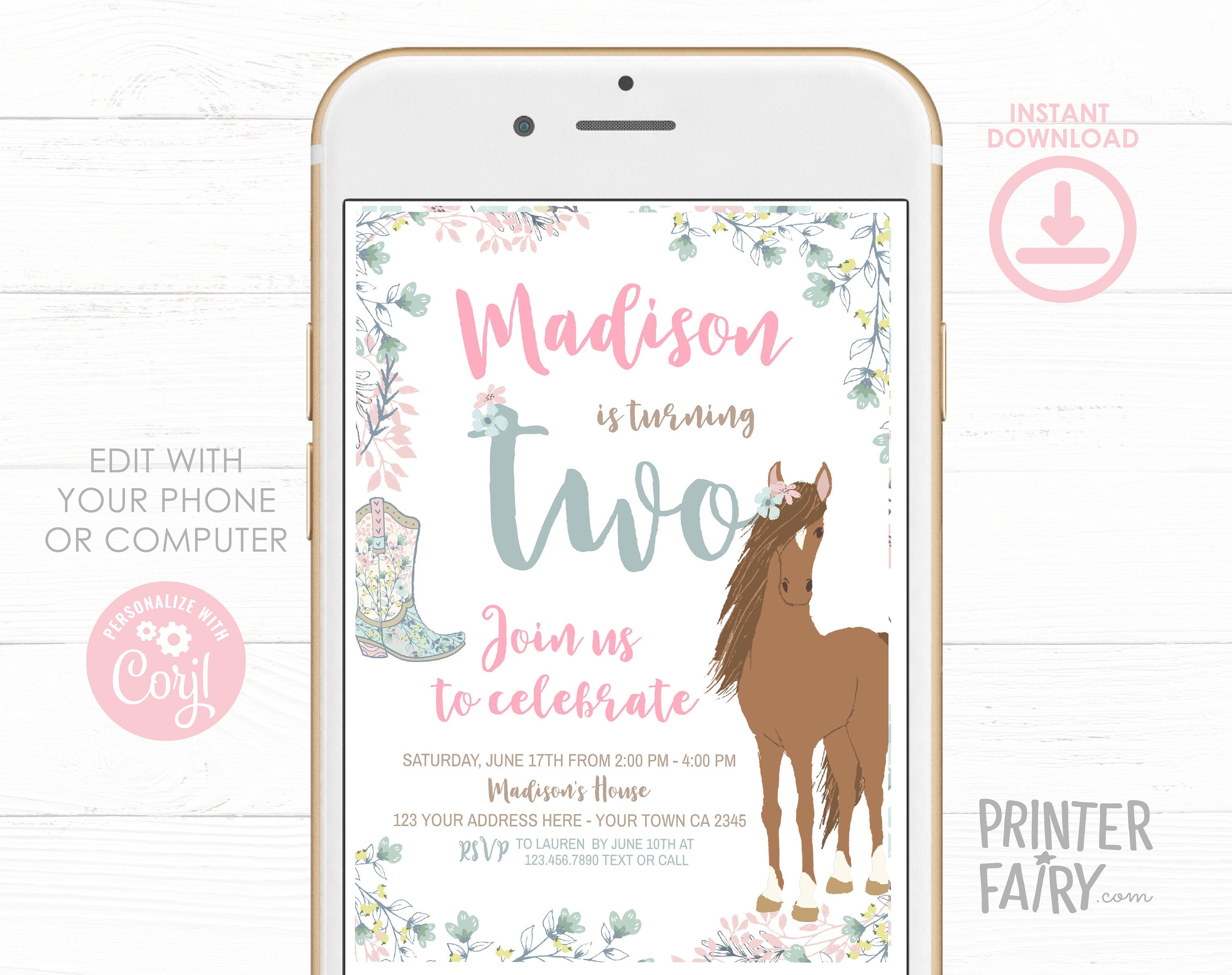 Floral Horse 2nd Birthday Invitation, Editable Pony Party (Digital Download)