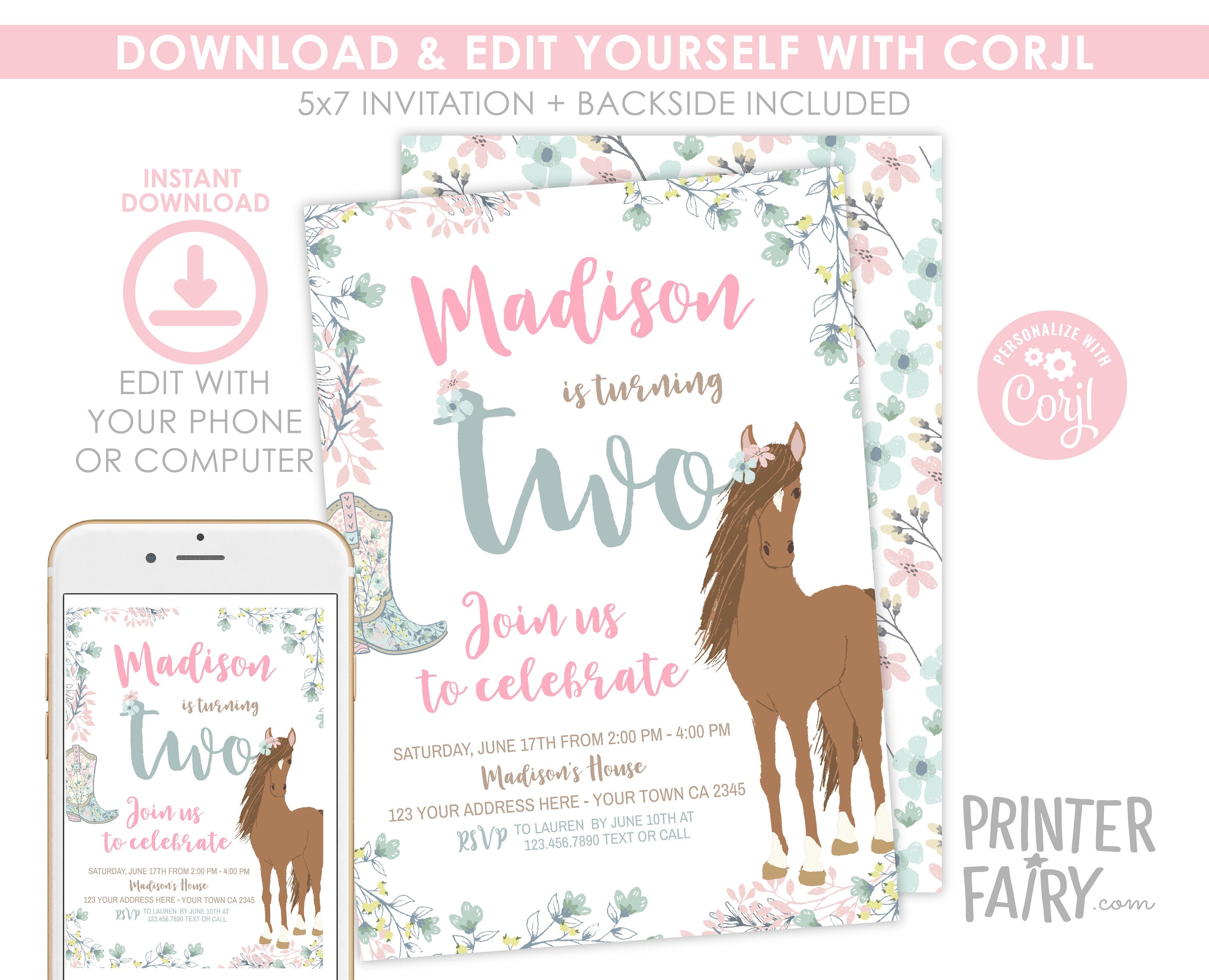 Floral Horse 2nd Birthday Invitation, Editable Pony Party (Digital Download)
