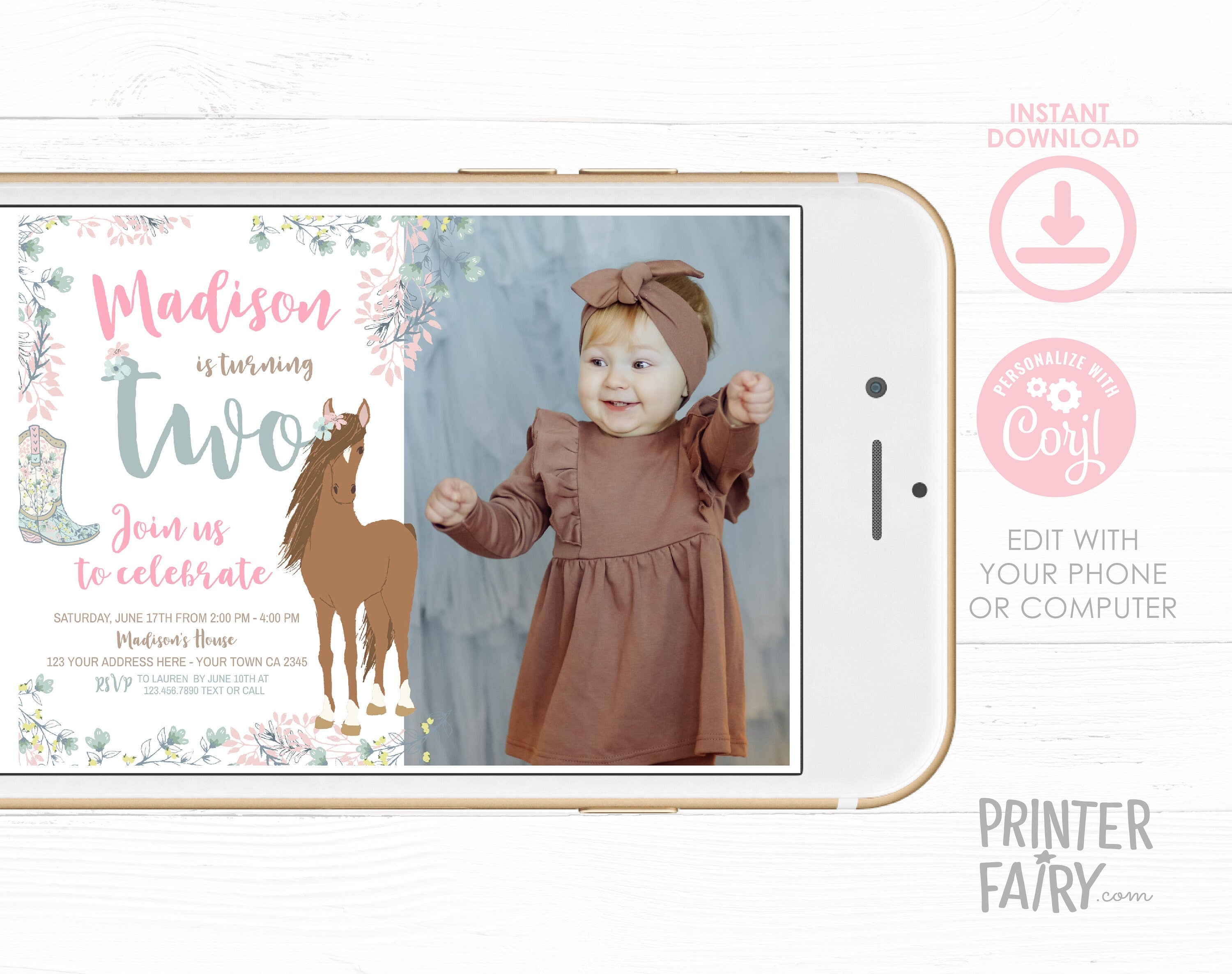 Floral Horse 2nd Birthday Invitation with Photo, Editable (Digital Download)
