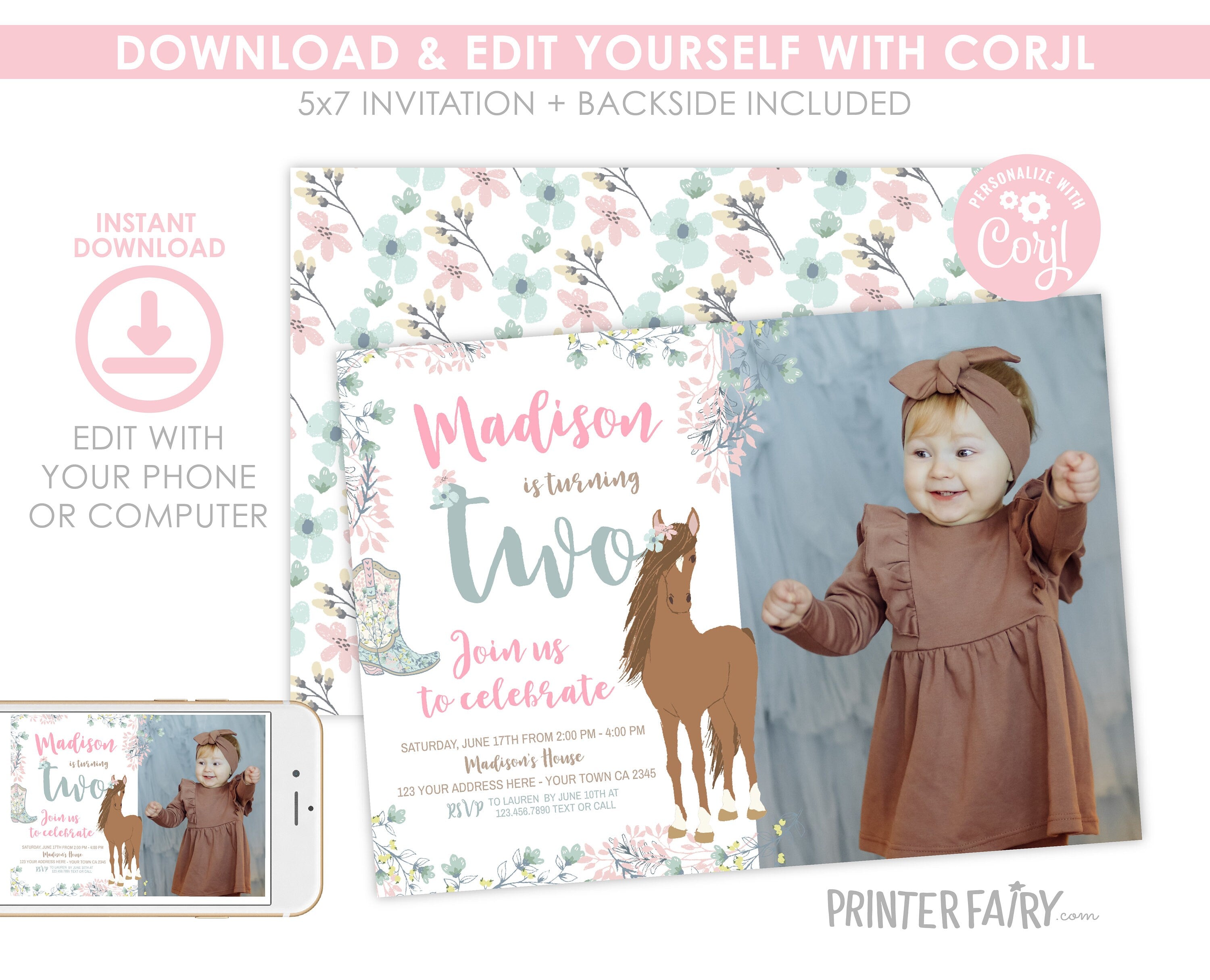 Floral Horse 2nd Birthday Invitation with Photo, Editable (Digital Download)