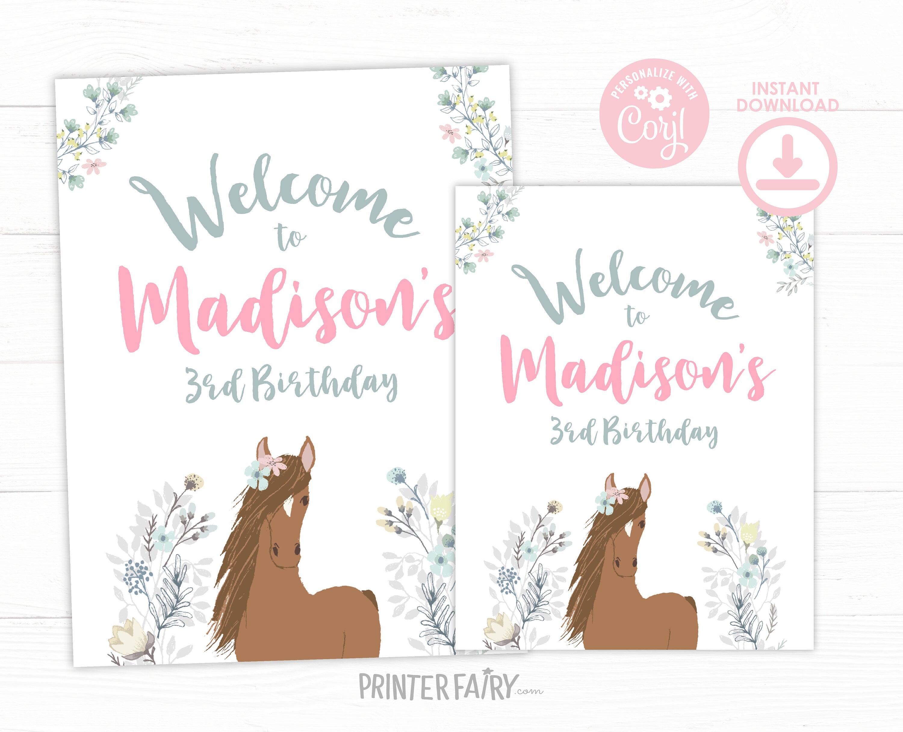 Floral Horse Birthday Welcome Sign, EDITABLE (Digital Download)