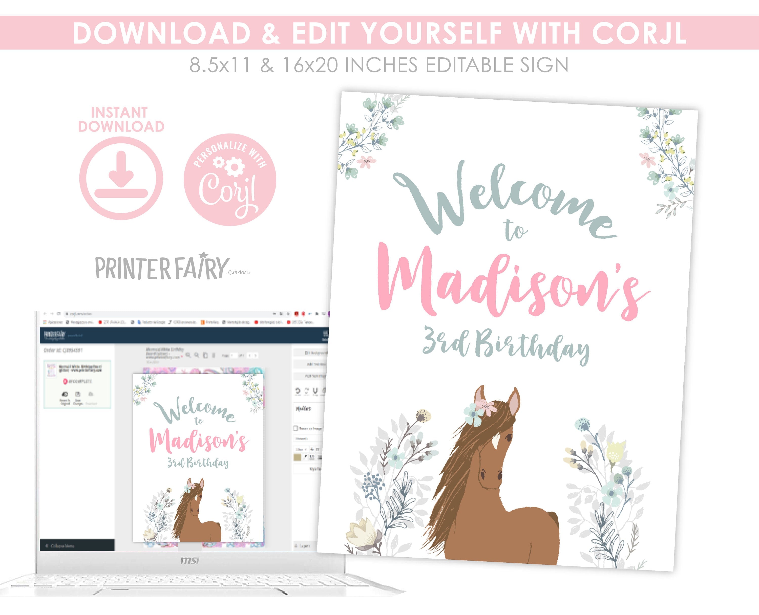 Floral Horse Birthday Welcome Sign, EDITABLE (Digital Download)