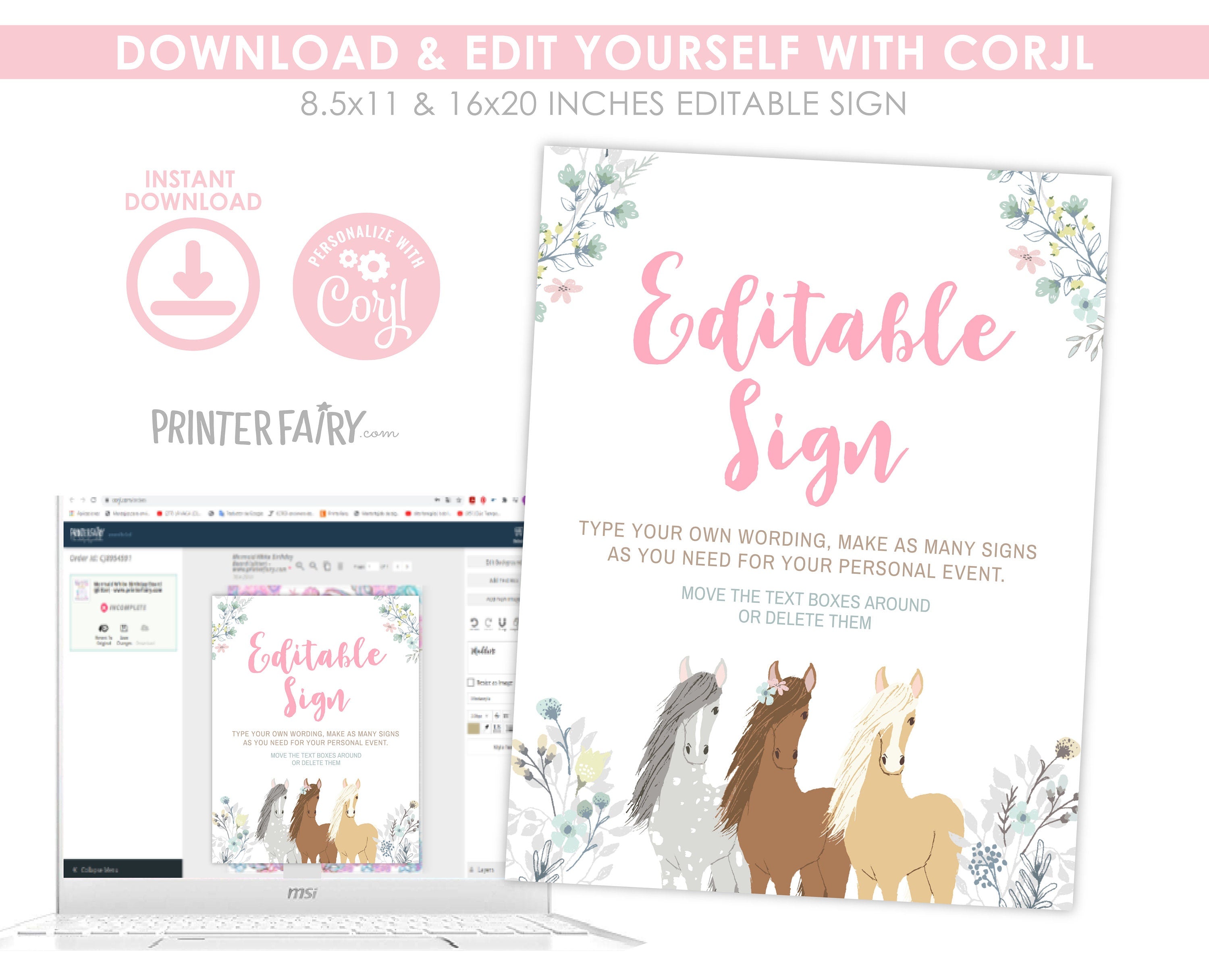 Floral Horse Birthday Sign, Editable Pony Party Decor (Digital Download)