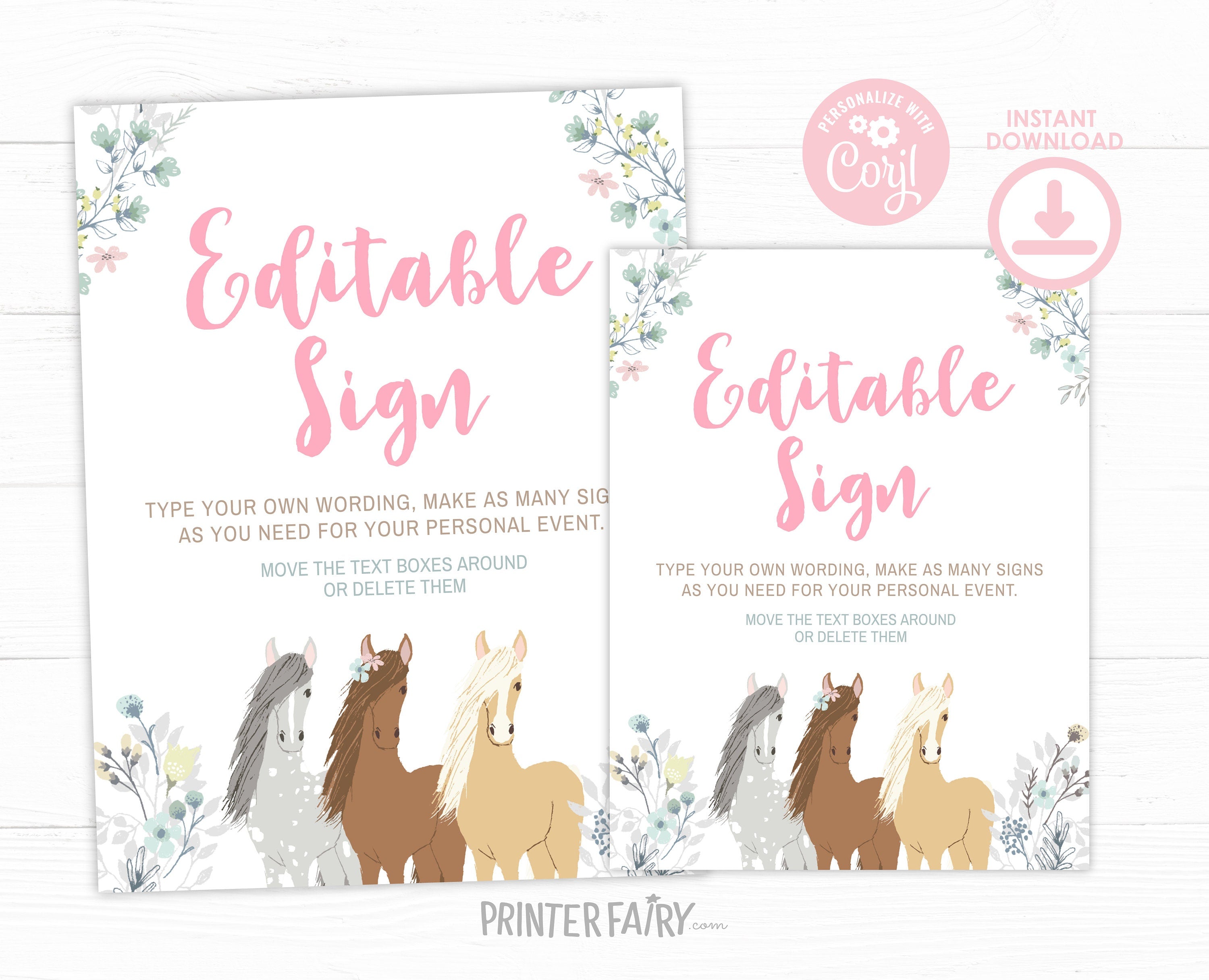 Floral Horse Birthday Sign, Editable Pony Party Decor (Digital Download)