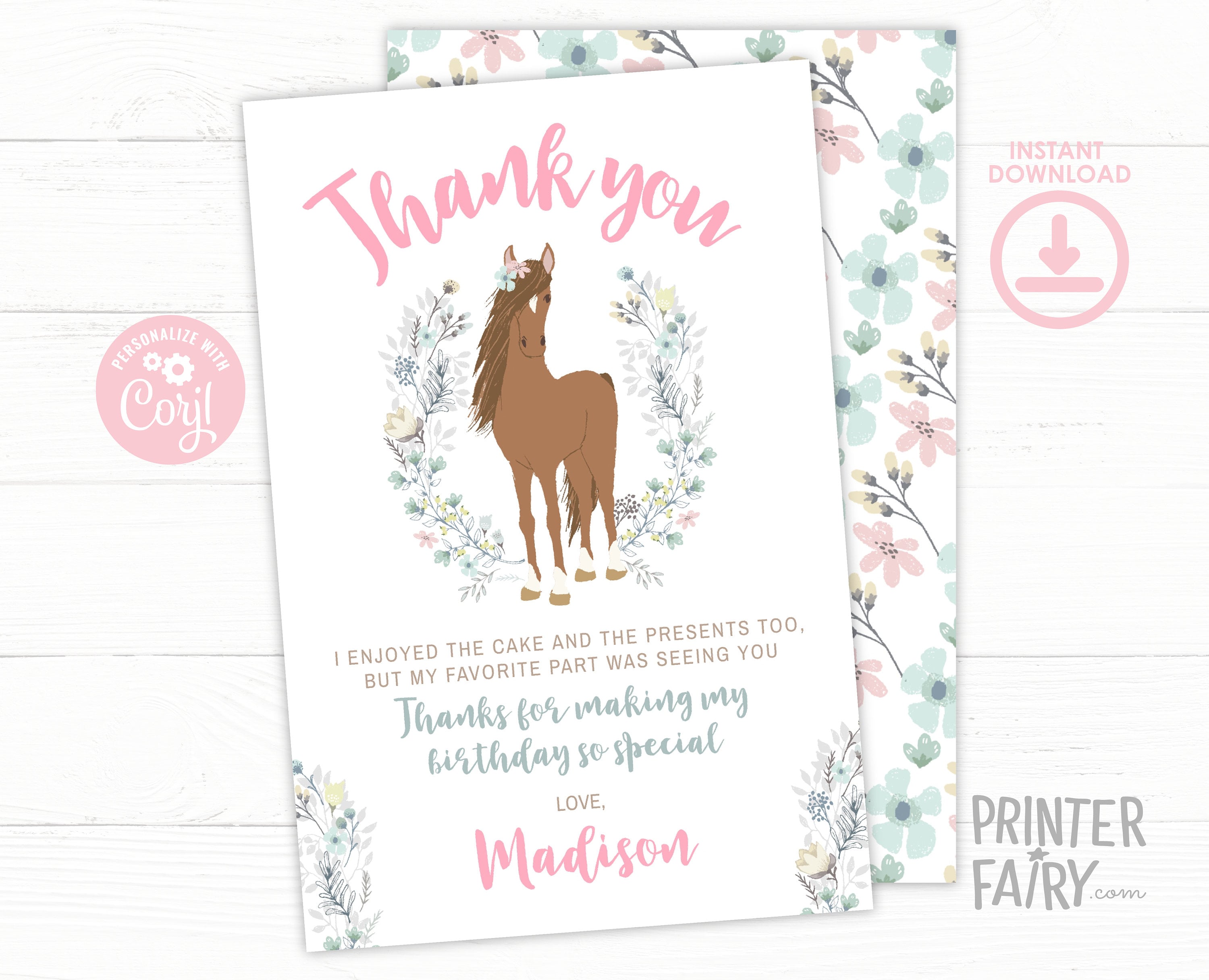 Floral Horse Thank You Card, Editable Template (Digital Download)