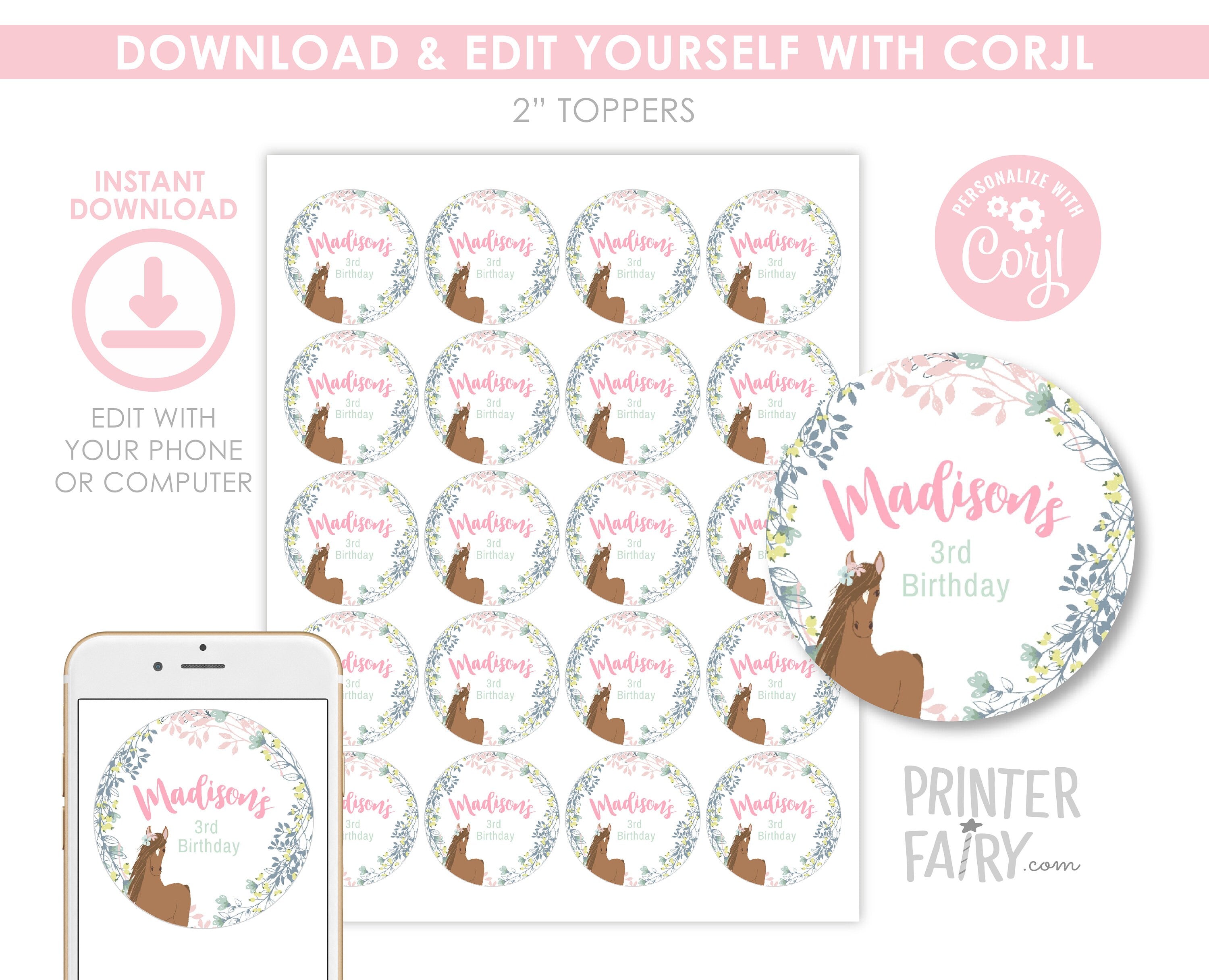 Floral Horse Birthday Cupcake Toppers, Editable Pony Party (Instant Download)
