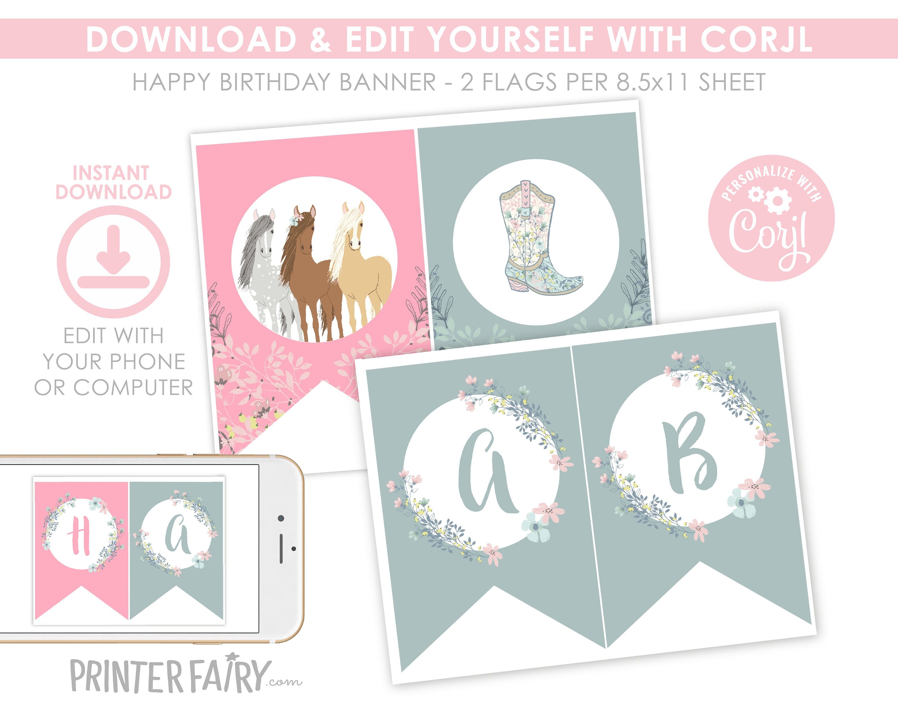 Floral Horse Birthday Banner, Cowgirl Party Decor (EDITABLE, Instant Download)