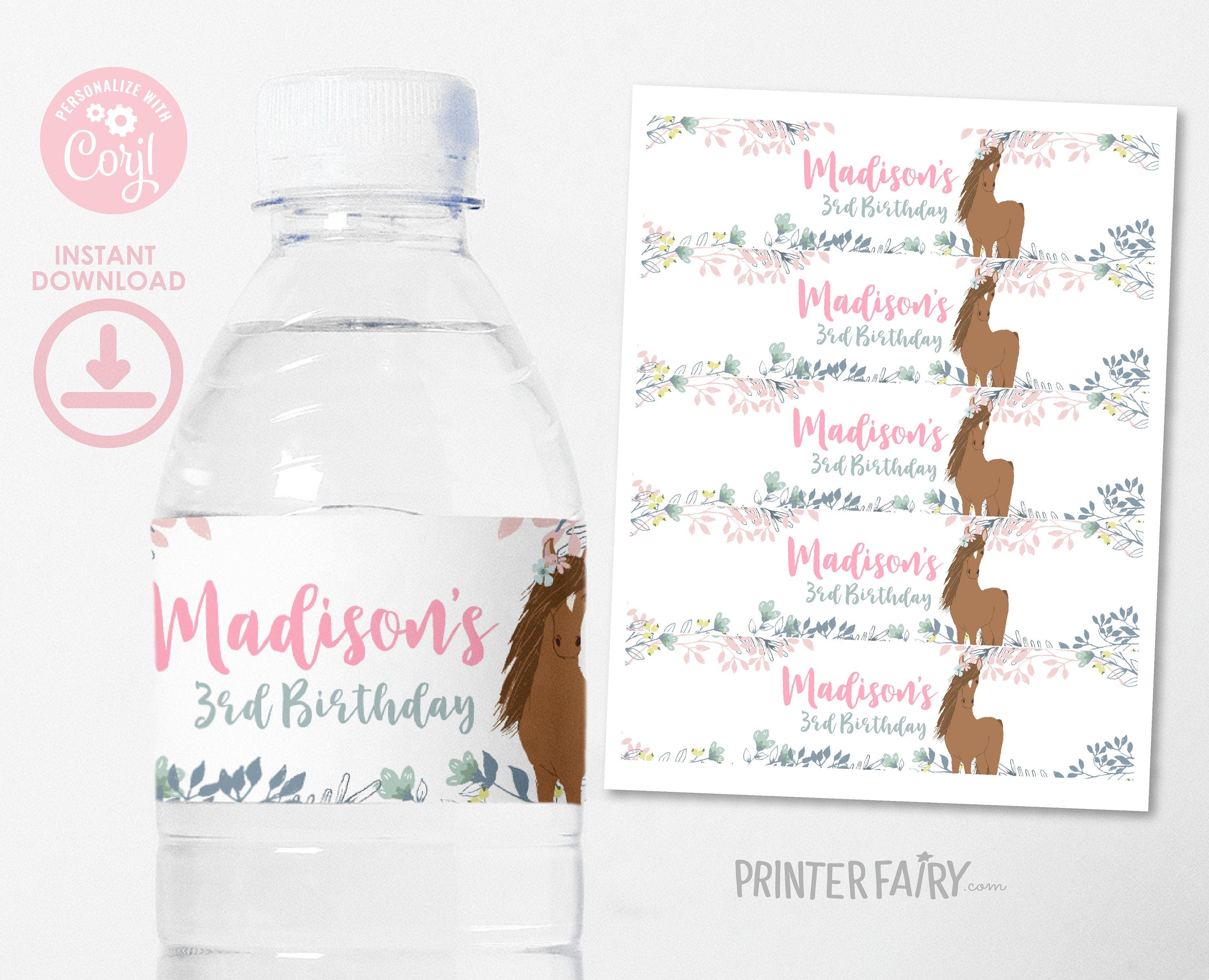 Floral Horse Birthday Water Bottle Labels, Editable (Digital Download)