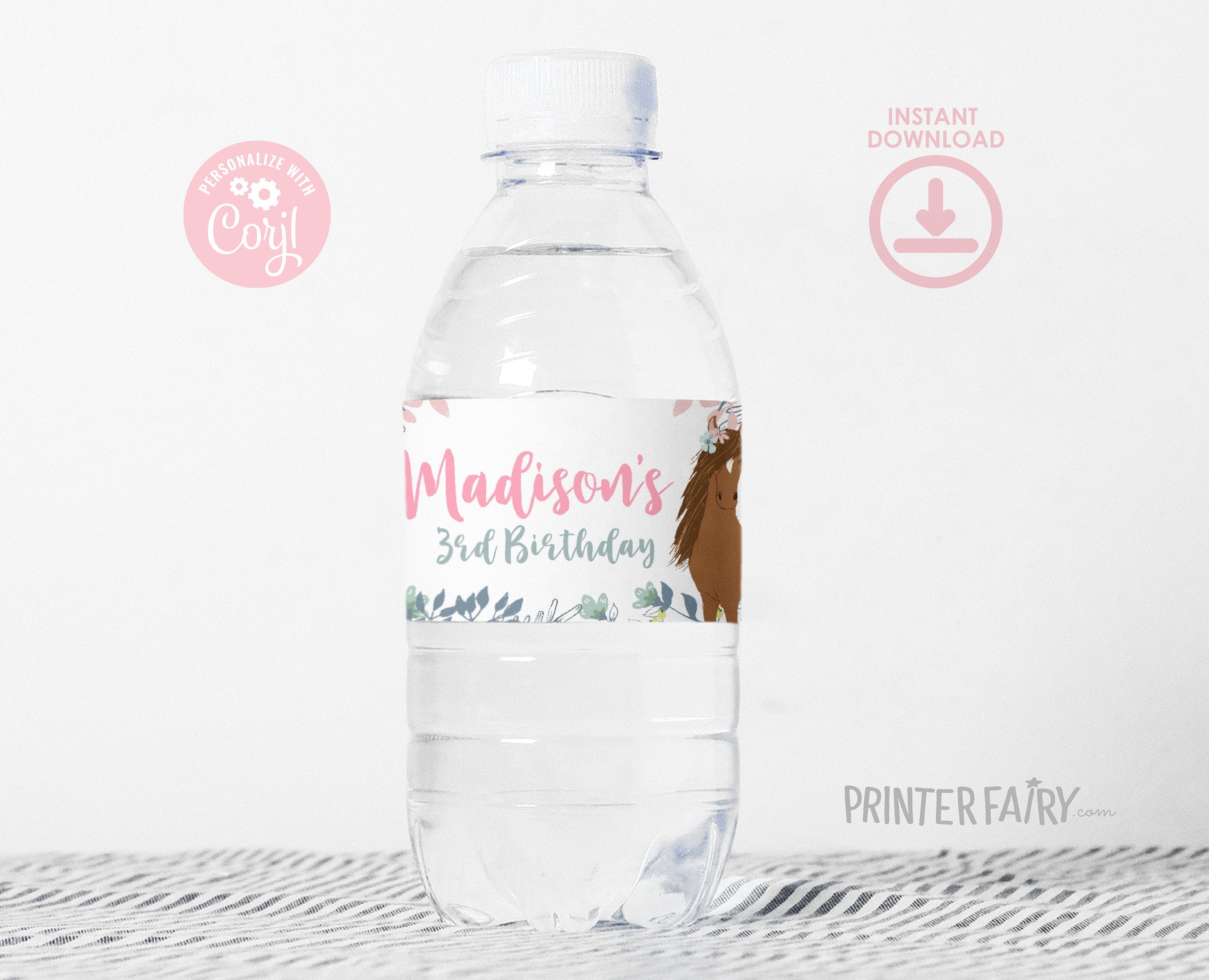 Floral Horse Birthday Water Bottle Labels, Editable (Digital Download)
