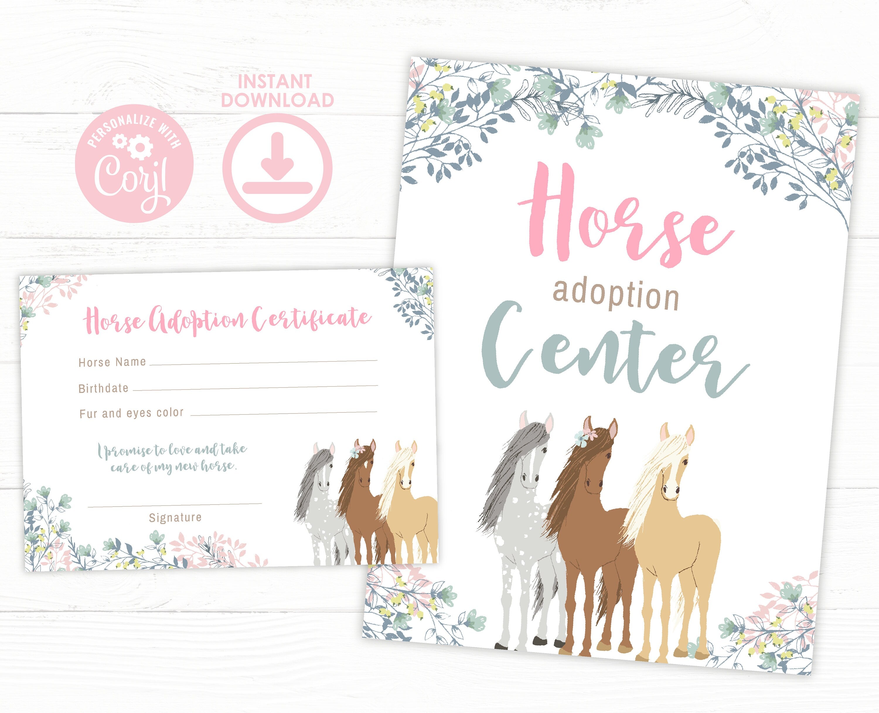 Floral Horse Adoption Pack, EDITABLE Certificate (Digital Download)