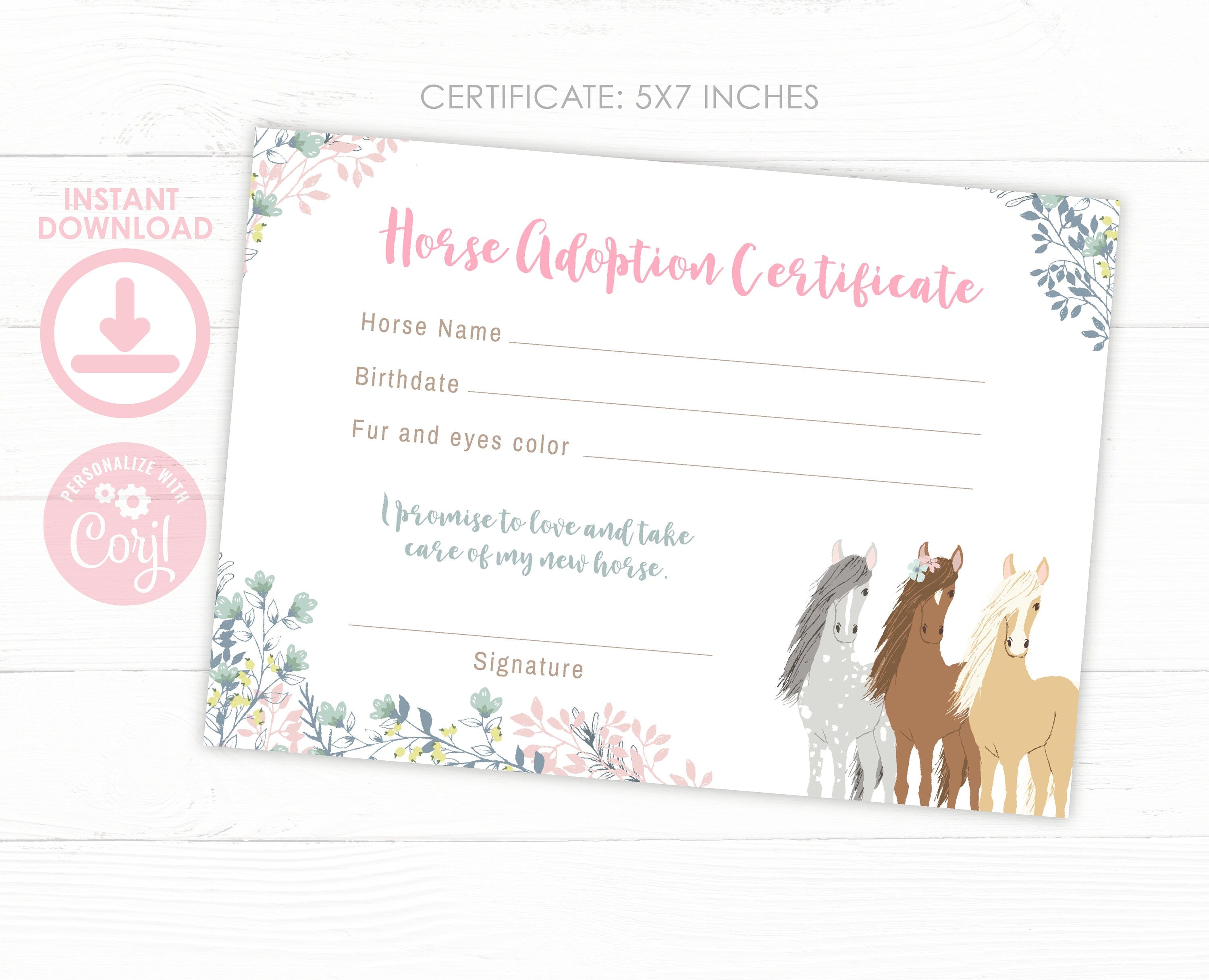Floral Horse Adoption Pack, EDITABLE Certificate (Digital Download)