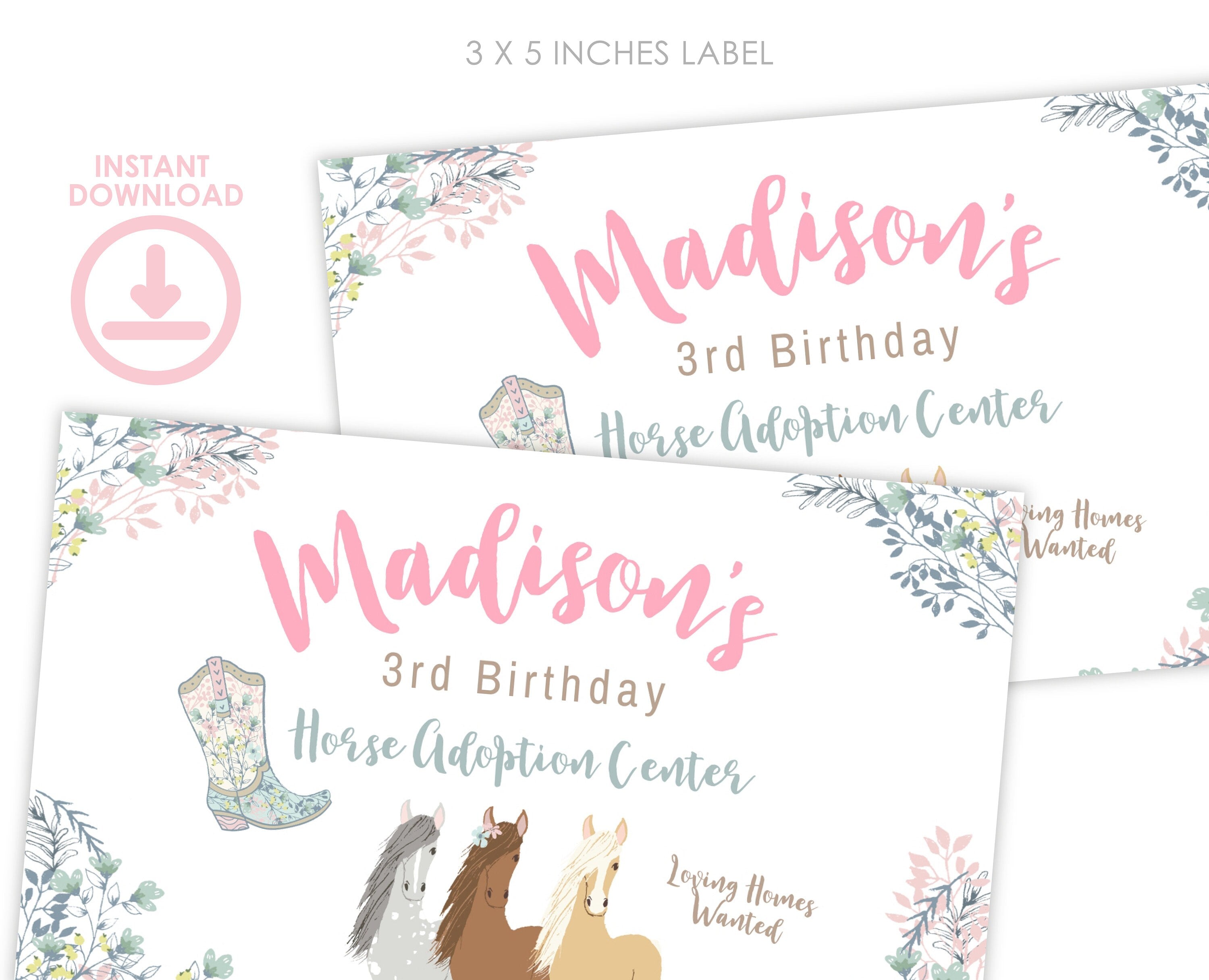 Floral Horse Birthday Gable Box Label, Editable Pony Party (Digital Download)