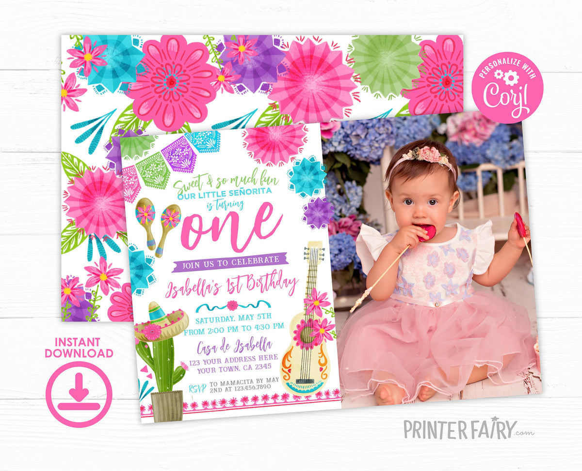 Editable Fiesta First Birthday Invitation with Photo (Digital Download)