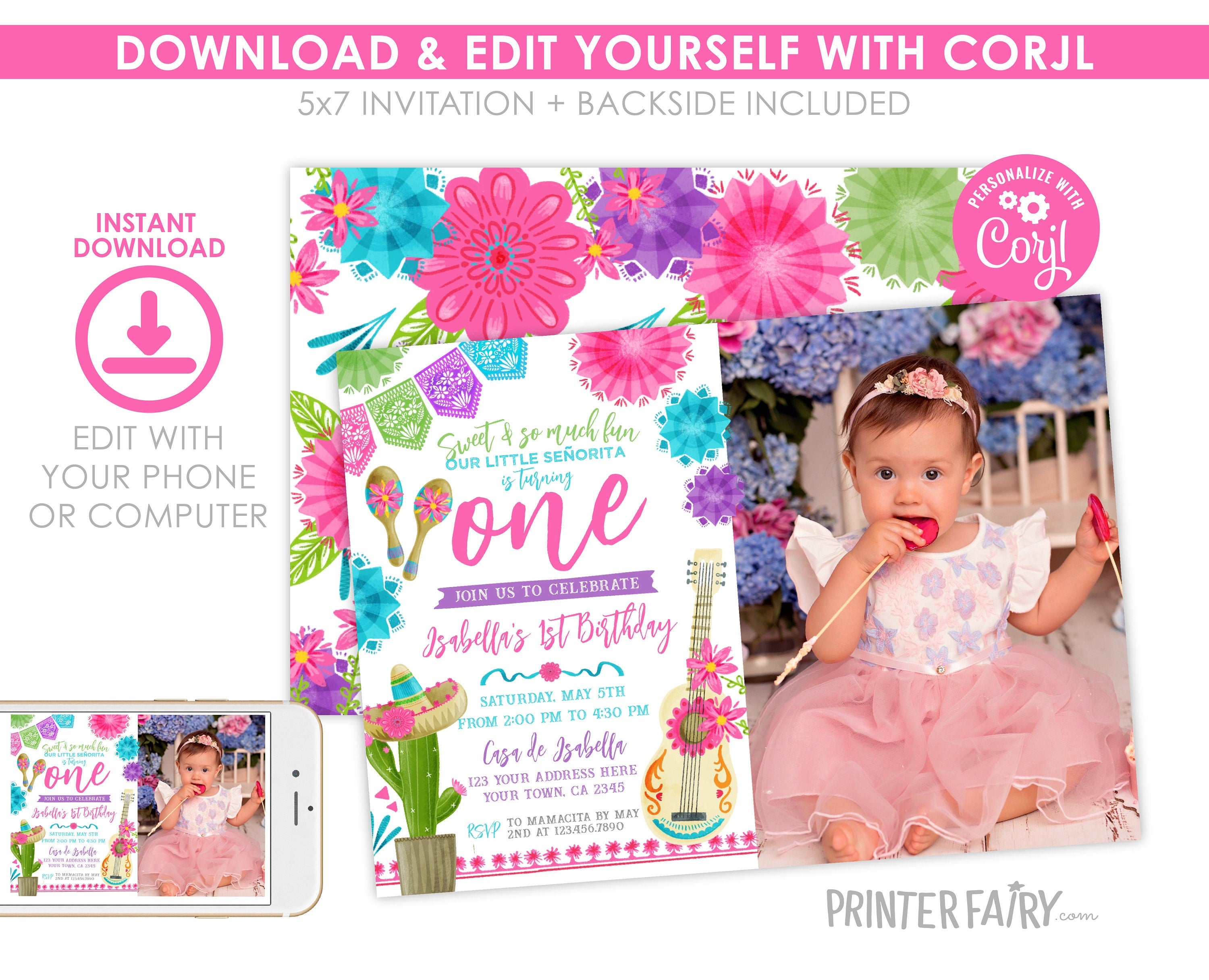 Editable Fiesta First Birthday Invitation with Photo (Digital Download)