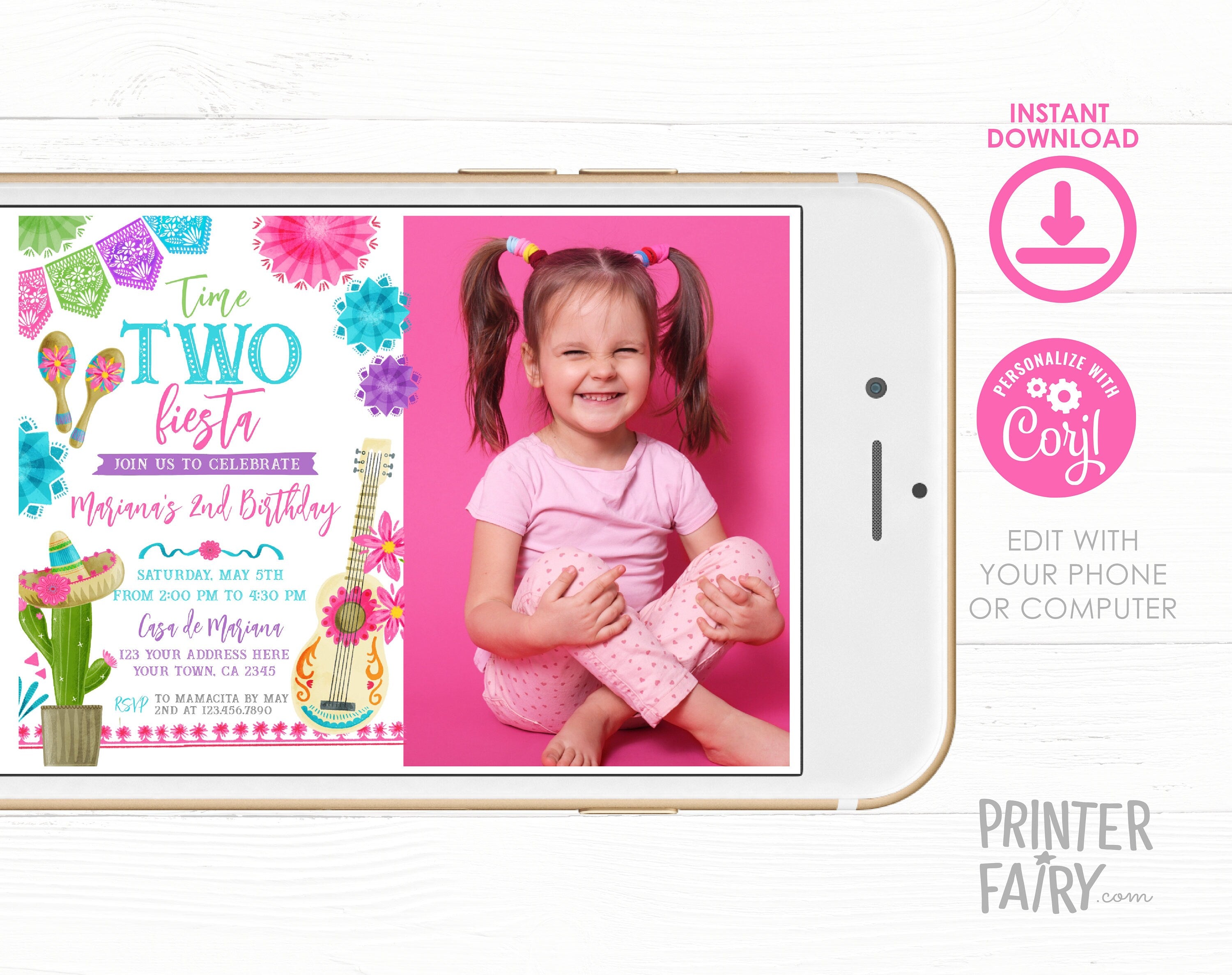 Fiesta Second Birthday Invitation with Photo, Editable Cinco de Mayo (Digital Item)