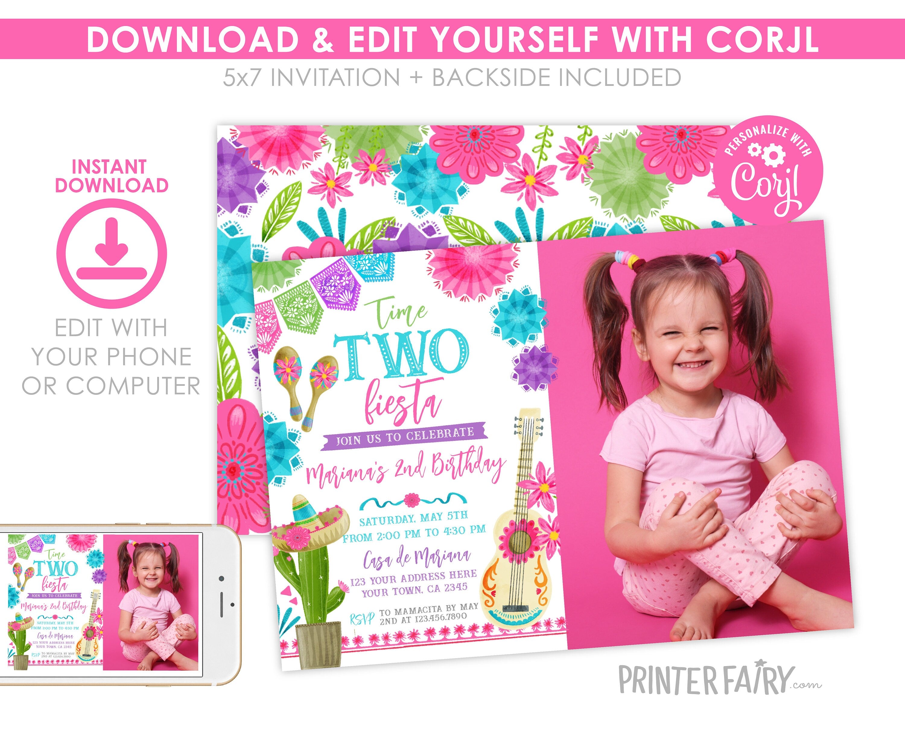 Fiesta Second Birthday Invitation with Photo, Editable Cinco de Mayo (Digital Item)