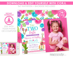 Fiesta Second Birthday Invitation with Photo, Editable Cinco de Mayo (Digital Item)
