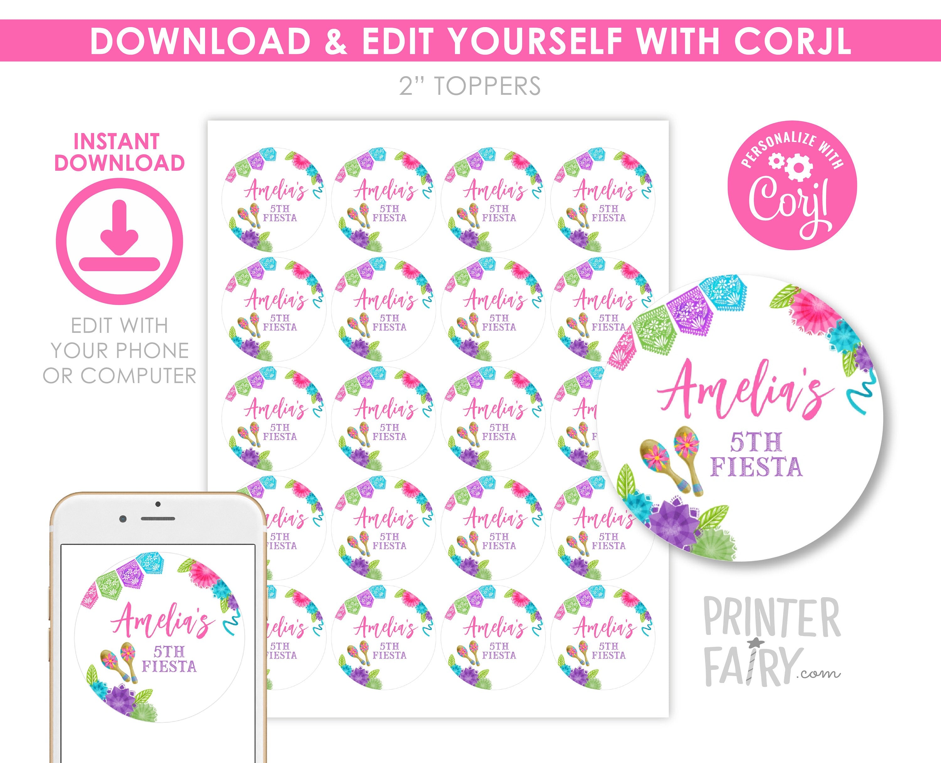 Fiesta Cinco de Mayo Party Toppers Round Tags Editable Templates, Instant Download