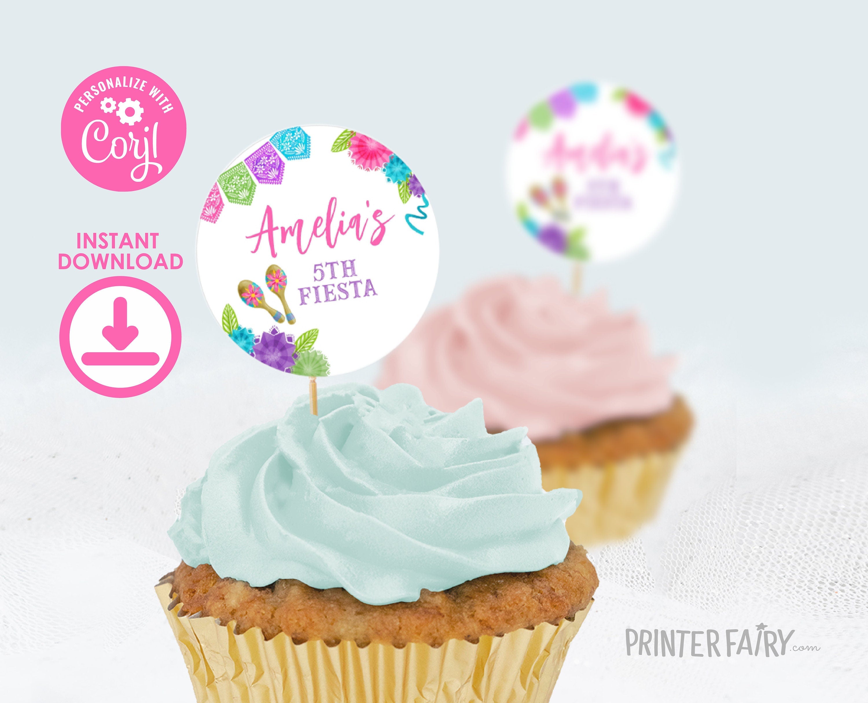Fiesta Cinco de Mayo Party Toppers Round Tags Editable Templates, Instant Download