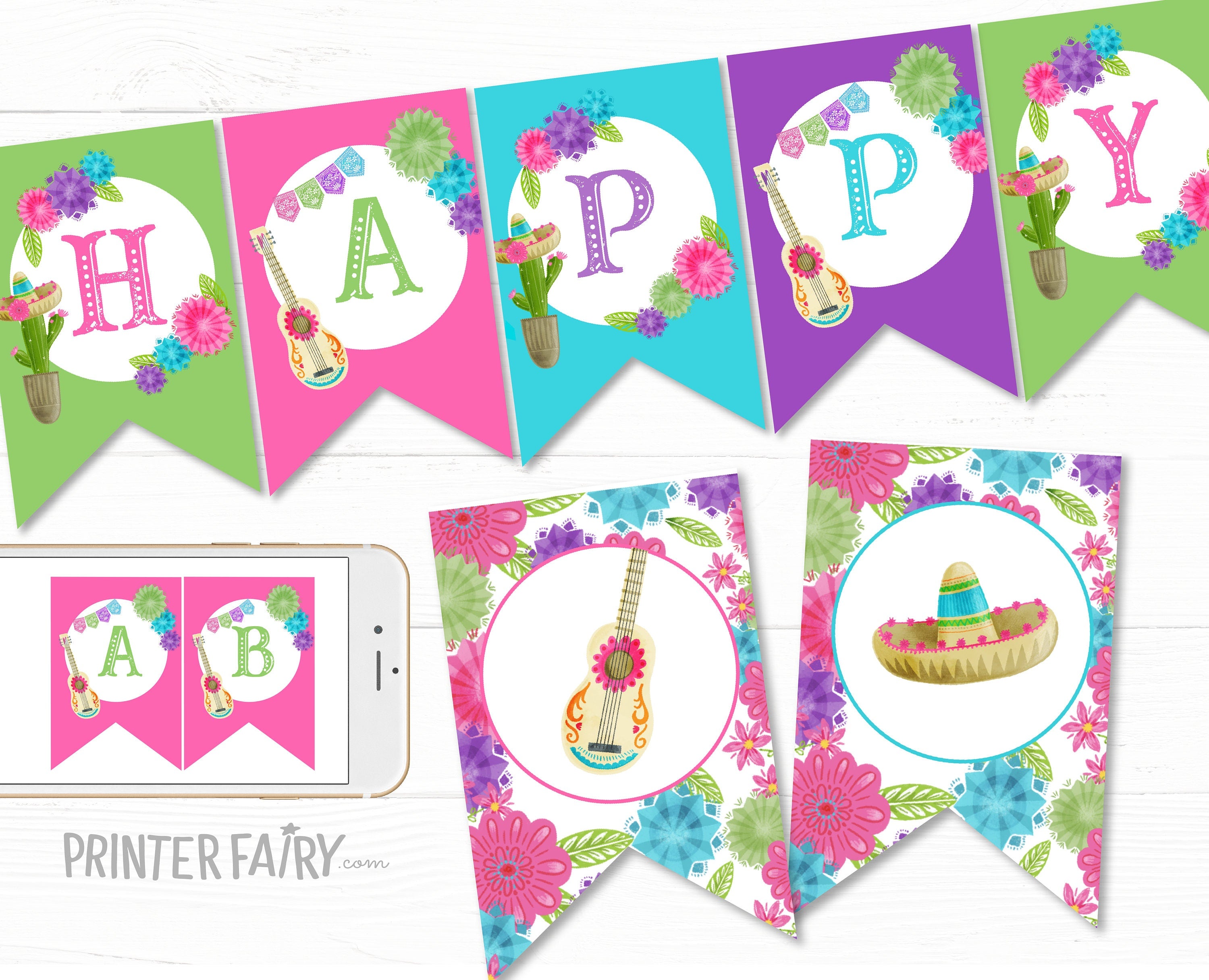 Fiesta Cinco de Mayo Birthday Party Banner Editable Template Decorations, Instant Download