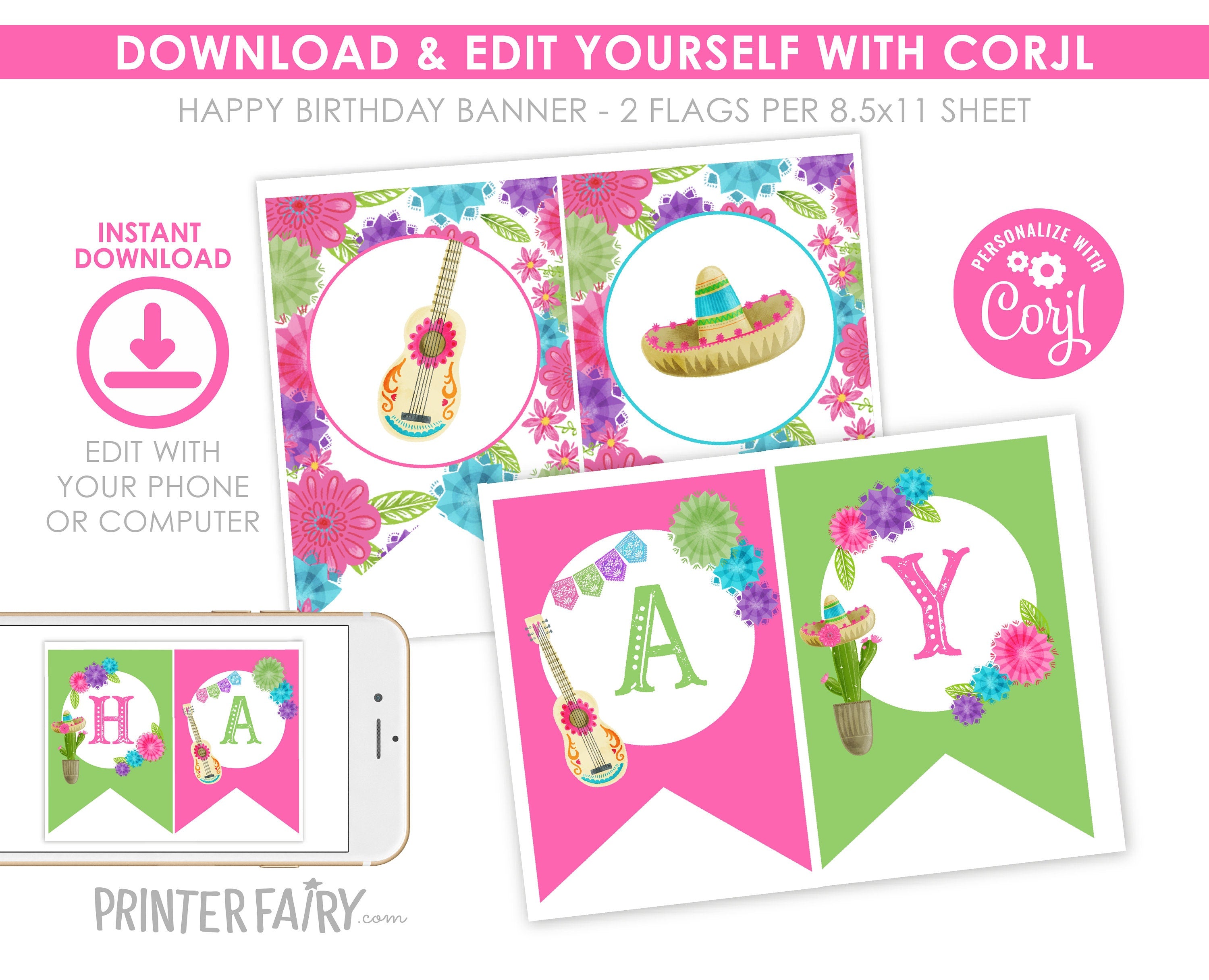 Fiesta Cinco de Mayo Birthday Party Banner Editable Template Decorations, Instant Download