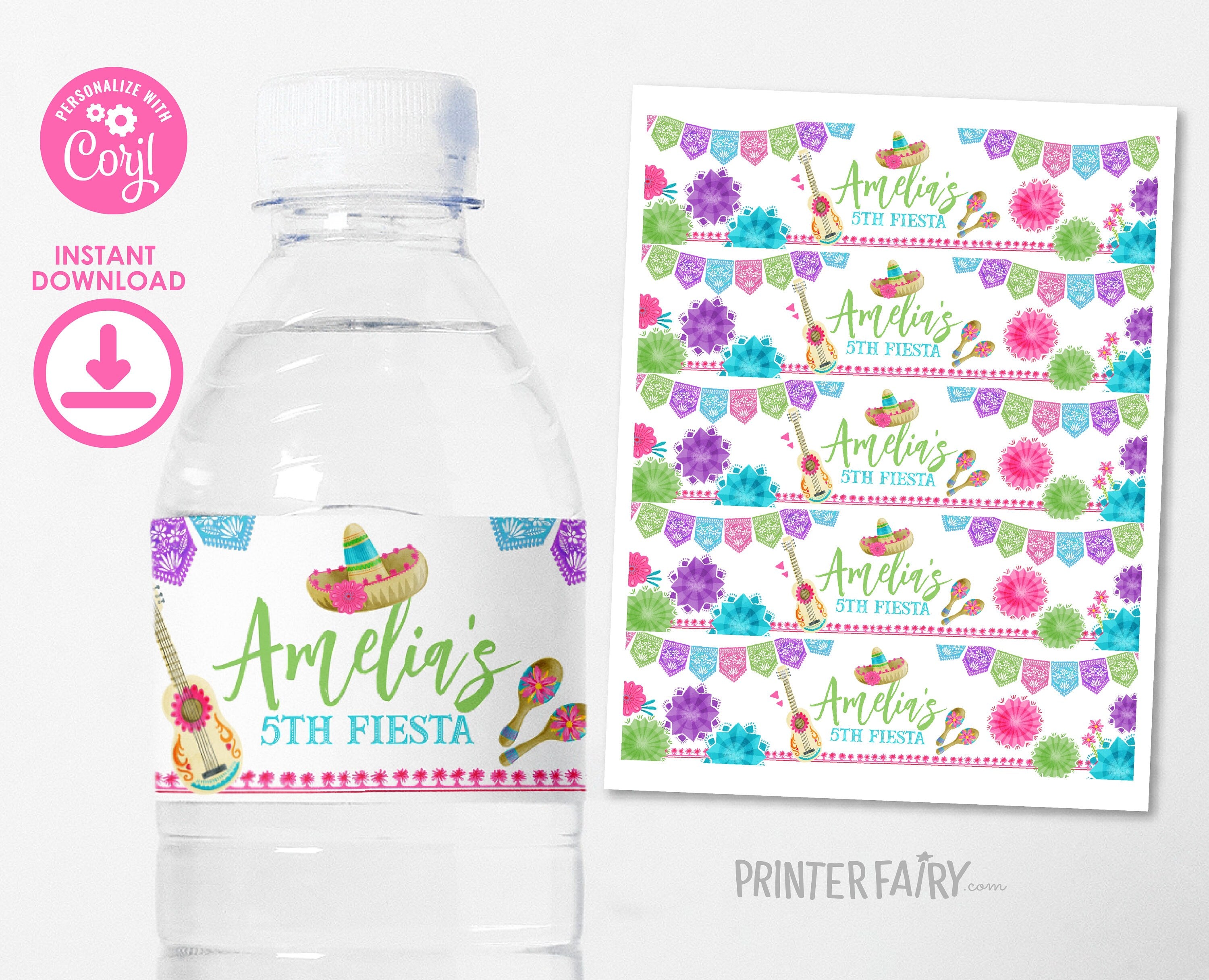 Cinco de Mayo Fiesta Party Water Bottle Label, Editable Template, Instant Download
