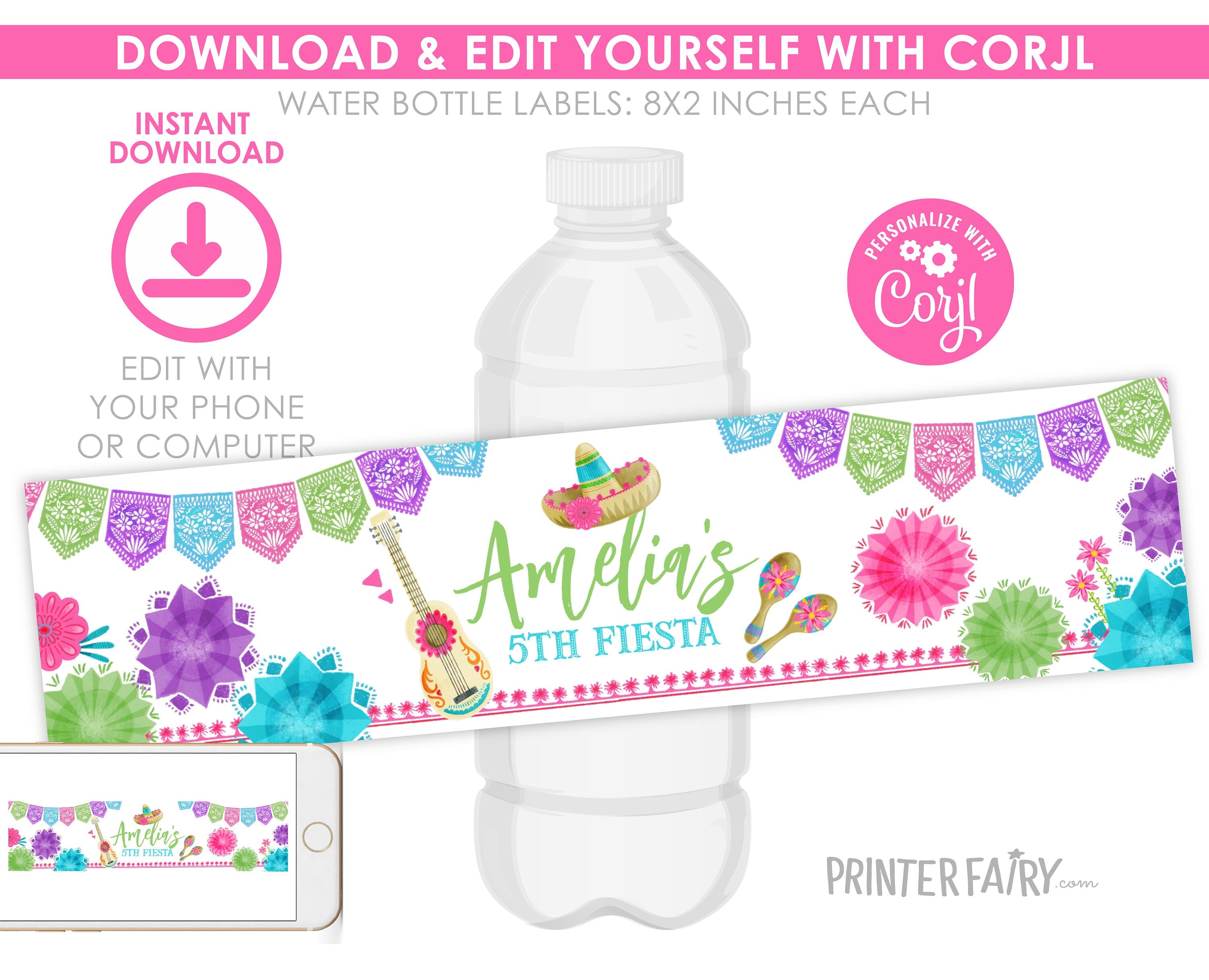 Cinco de Mayo Fiesta Party Water Bottle Label, Editable Template, Instant Download