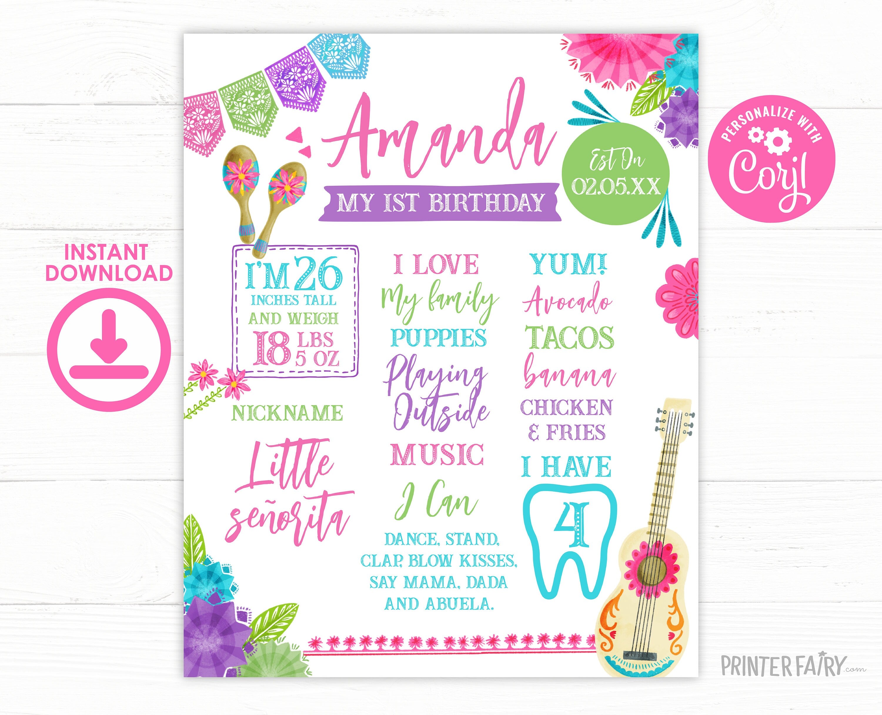 Fiesta Cinco de Mayo First Birthday Milestones Board Editable Template, Instant Download