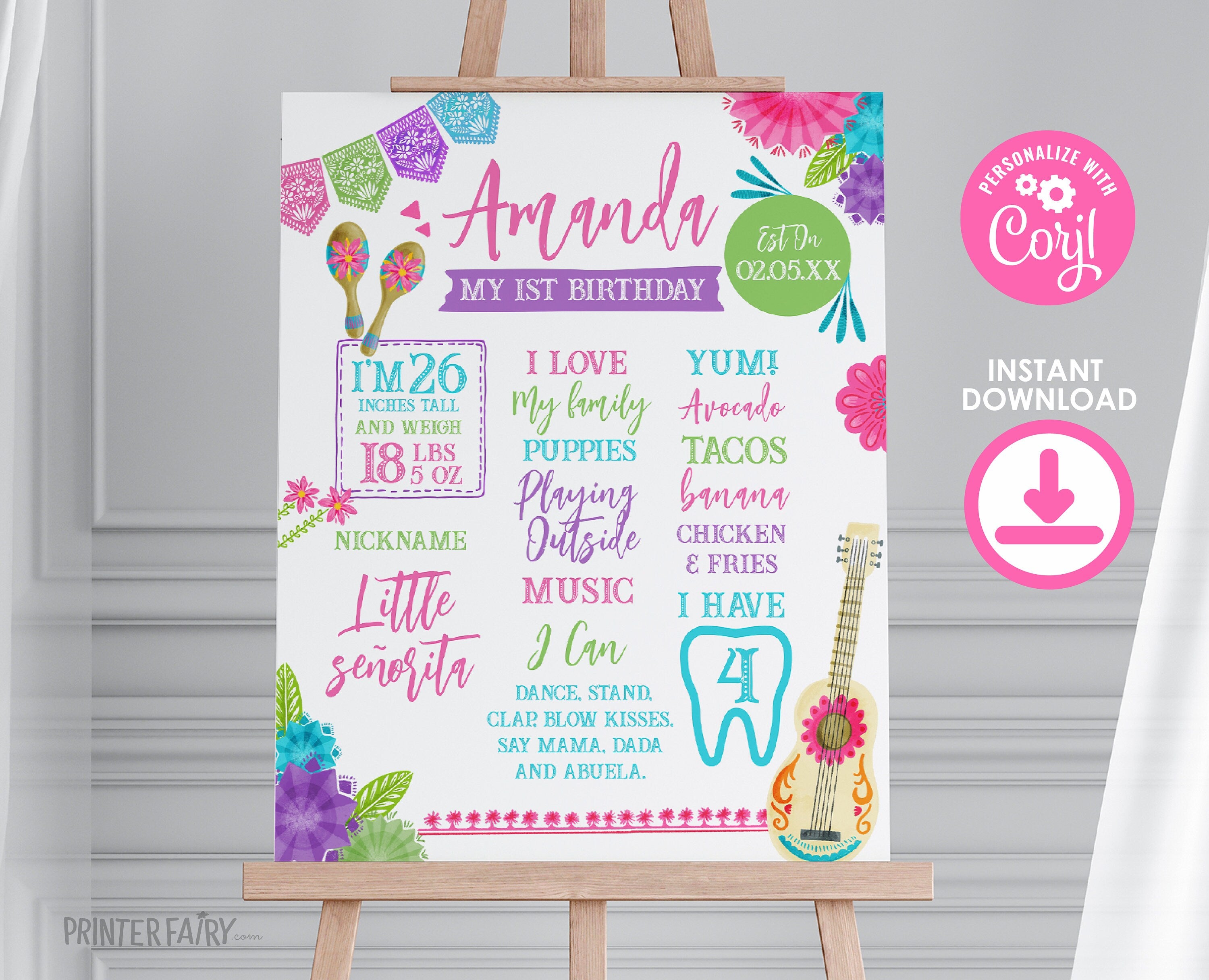 Fiesta Cinco de Mayo First Birthday Milestones Board Editable Template, Instant Download