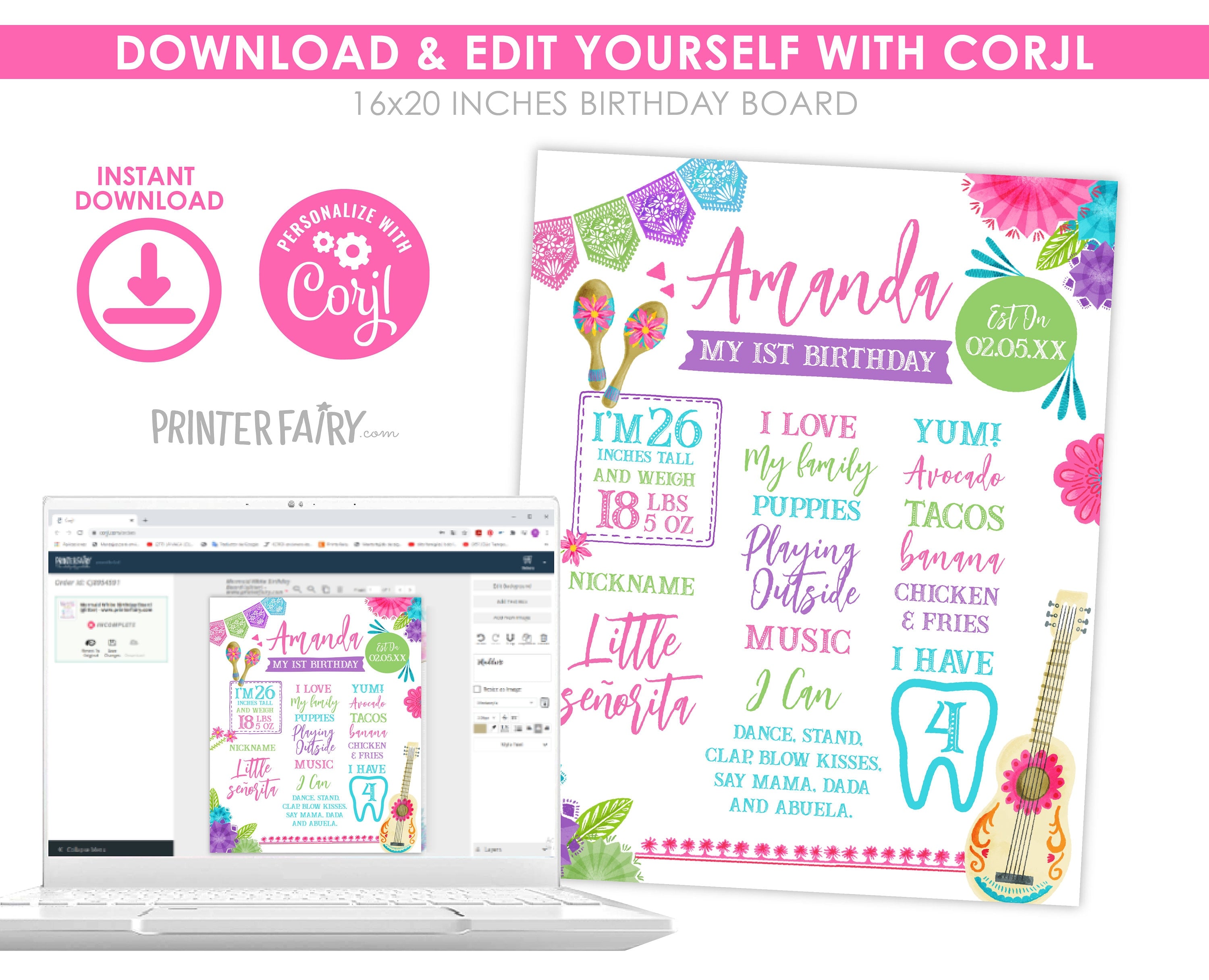 Fiesta Cinco de Mayo First Birthday Milestones Board Editable Template, Instant Download