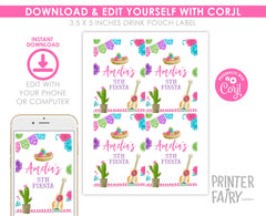 Fiesta Birthday Drink Pouch Label, Editable Template (Digital Download)