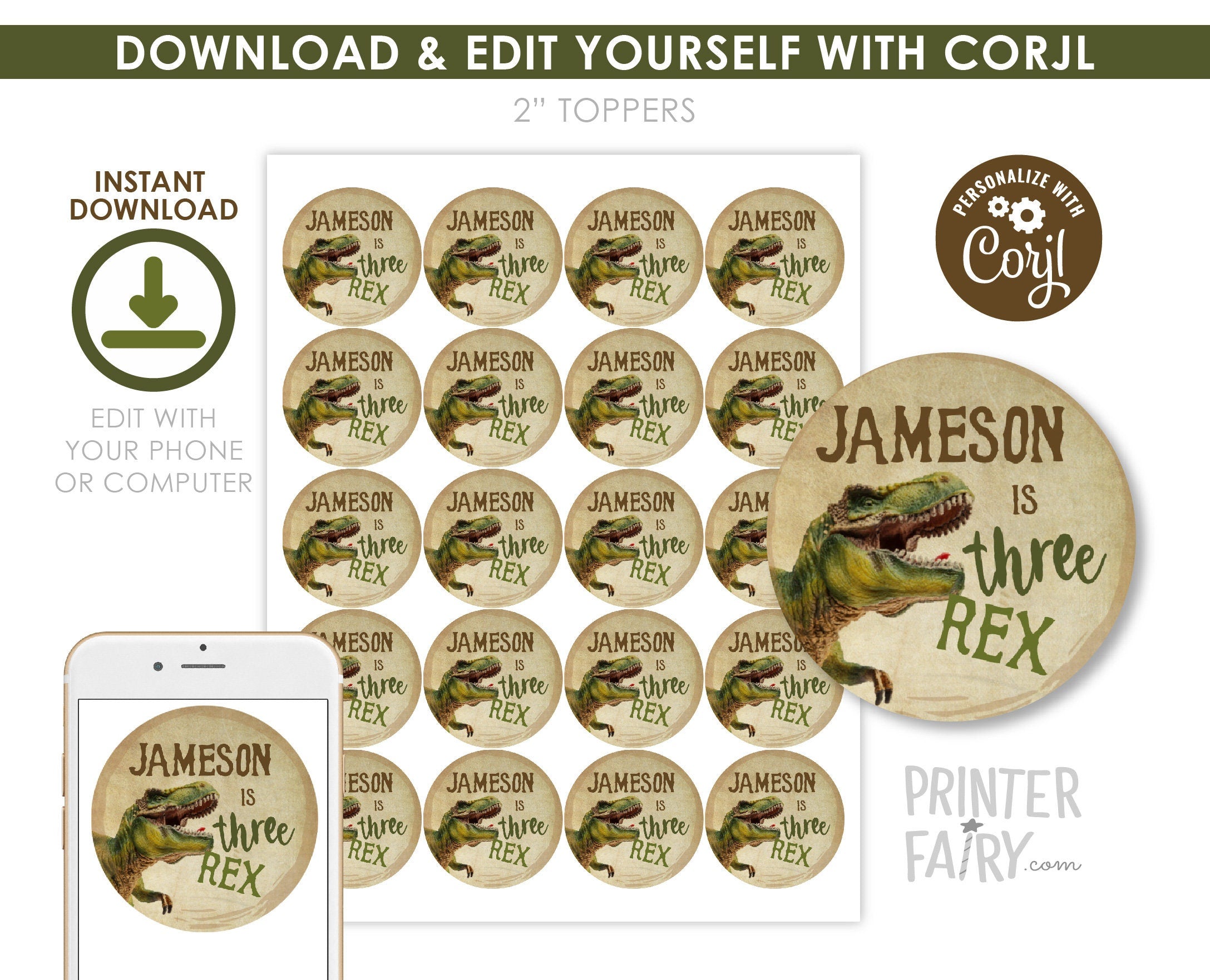 Editable Dinosaur Birthday Party Toppers, Trex Stickers (Instant Download)