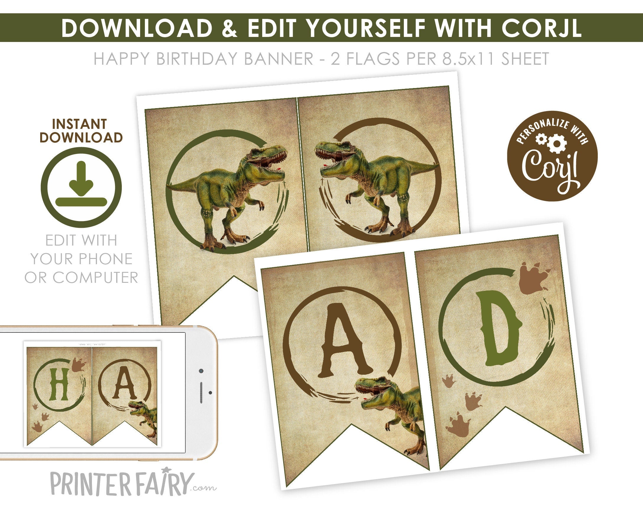 Dinosaur Birthday Party Banner, Editable Bunting Garland (Instant Download)