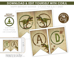 Dinosaur Birthday Party Banner, Editable Bunting Garland (Instant Download)
