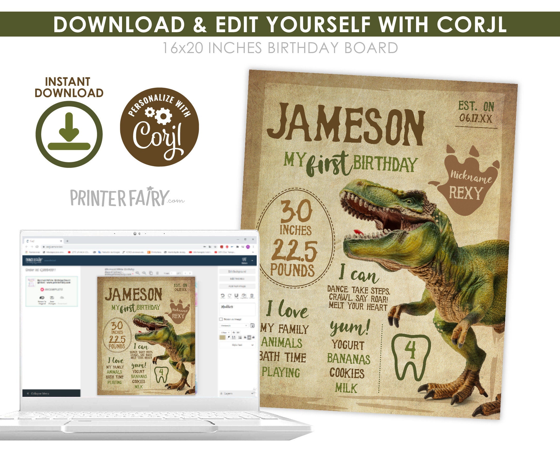 Dinosaur First Birthday Stats Board, T-Rex Party Sign (INSTANT DOWNLOAD)