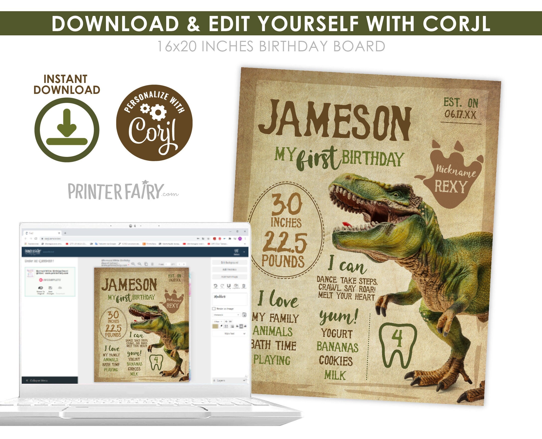 Dinosaur First Birthday Stats Board, T-Rex Party Sign (INSTANT DOWNLOAD)