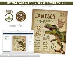 Dinosaur First Birthday Stats Board, T-Rex Party Sign (INSTANT DOWNLOAD)