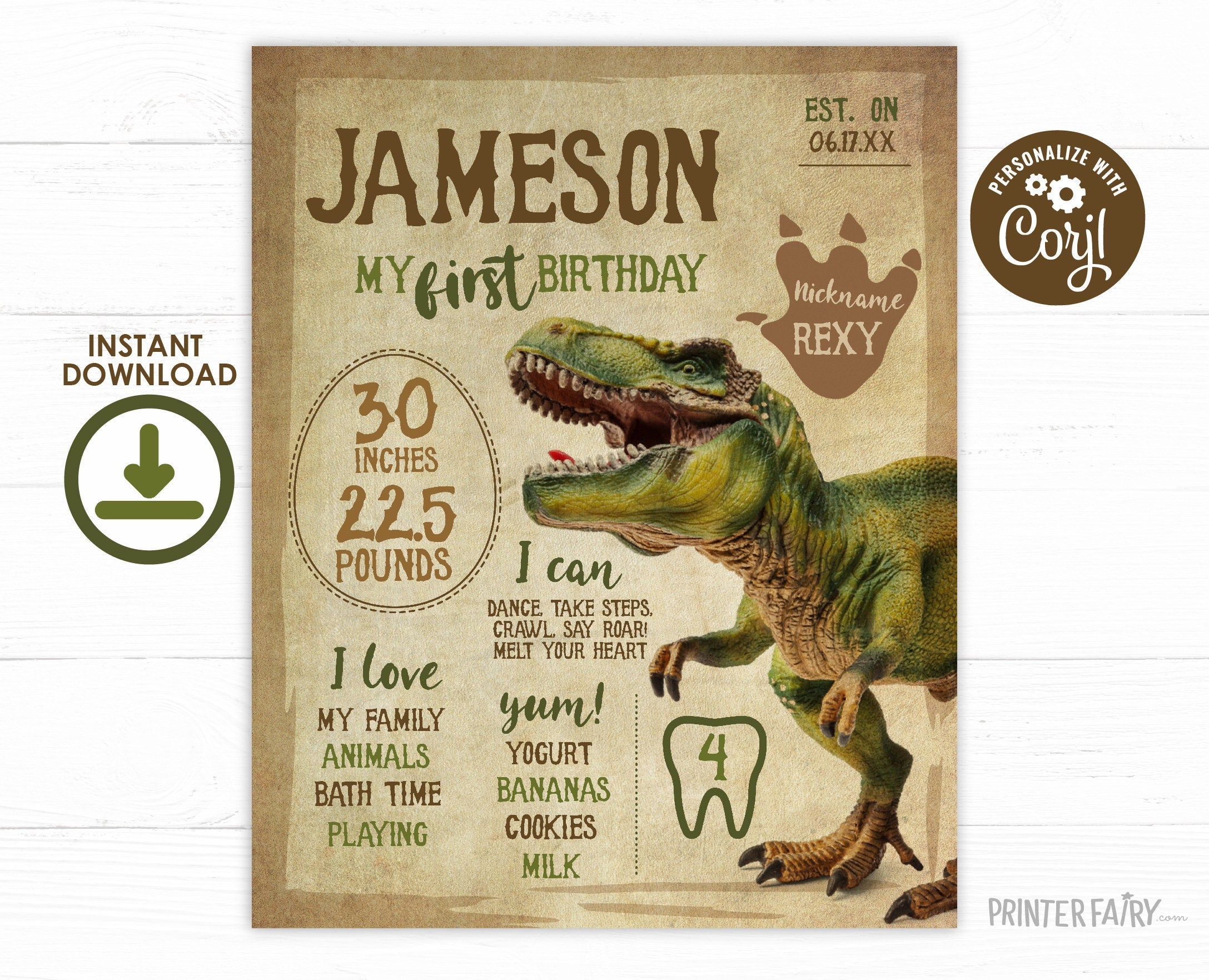 Dinosaur First Birthday Stats Board, T-Rex Party Sign (INSTANT DOWNLOAD)