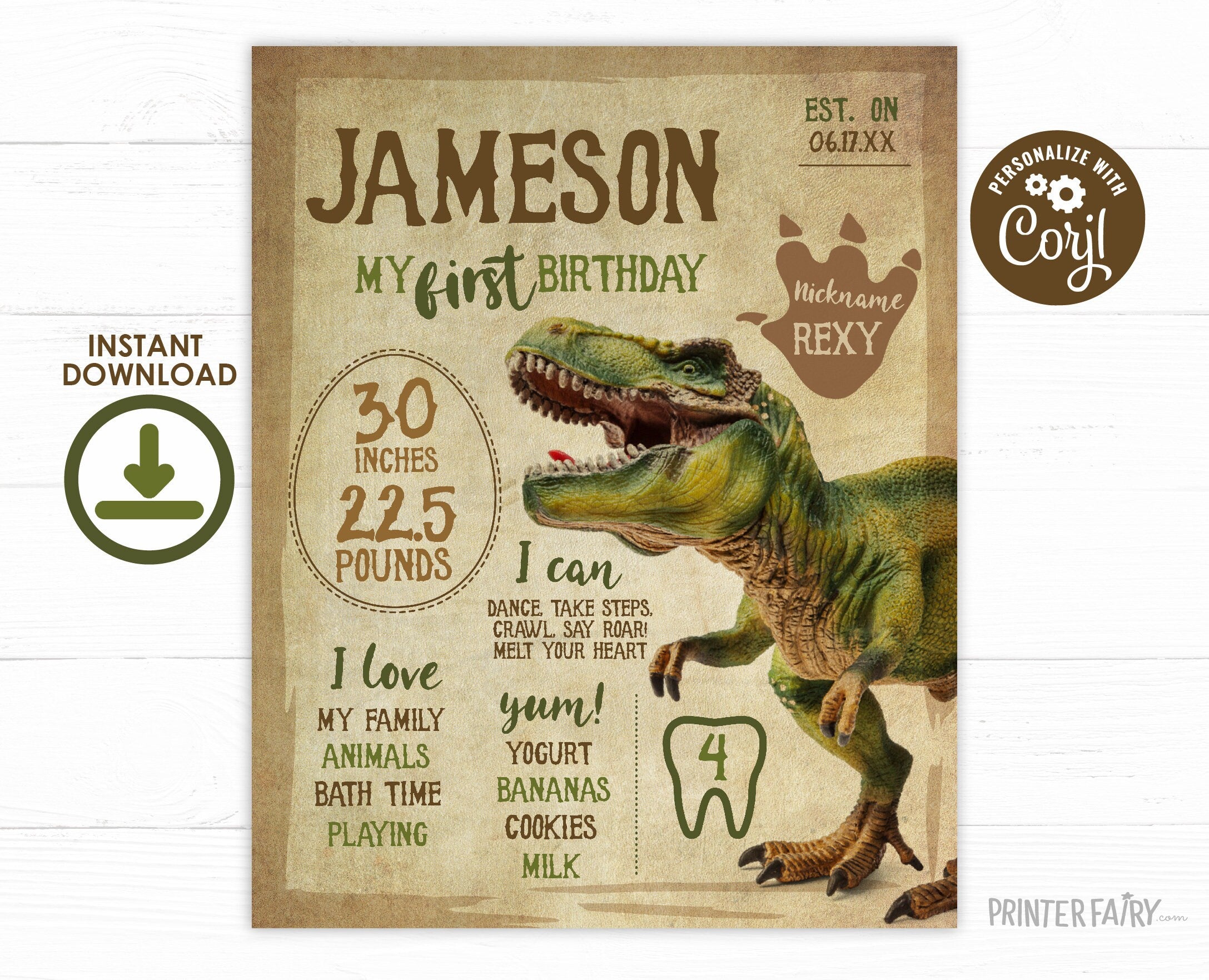 Dinosaur First Birthday Stats Board, T-Rex Party Sign (INSTANT DOWNLOAD)