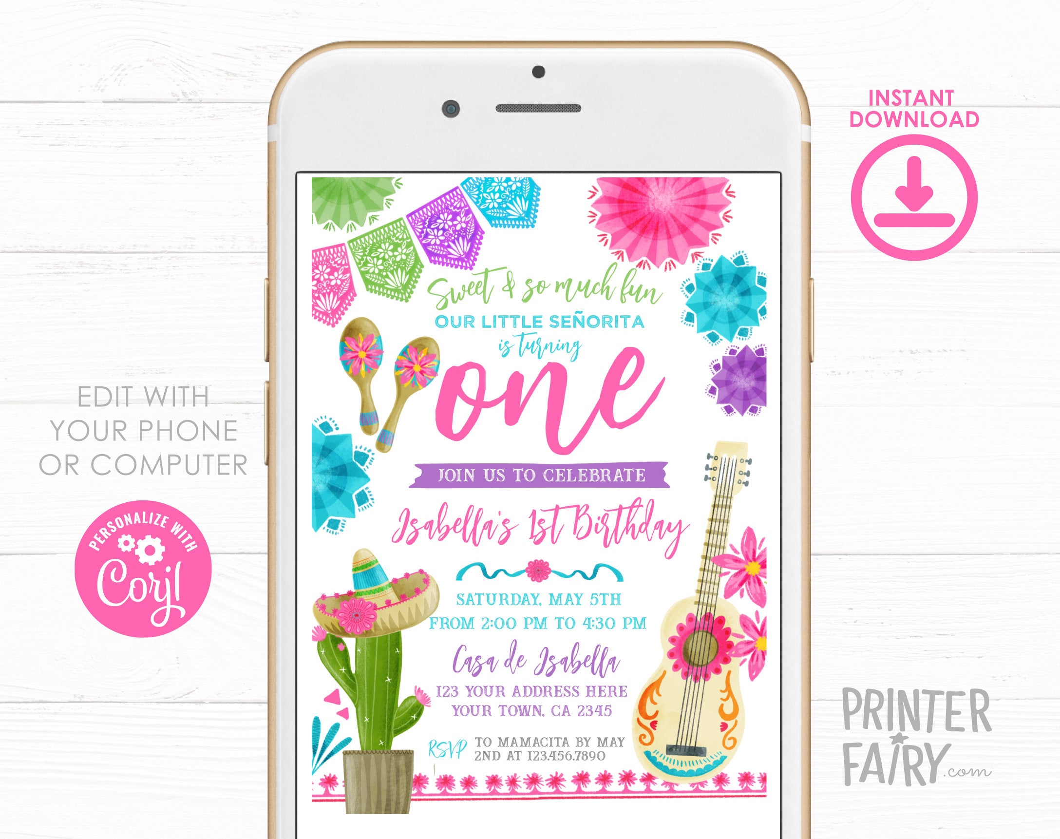Fiesta First Birthday Party Invitation Editable Template, INSTANT DOWNLOAD