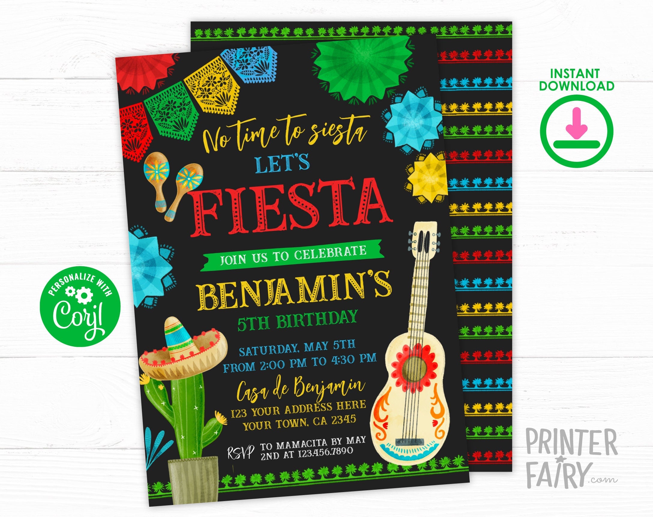 Editable Fiesta Birthday Invitation, Cinco de Mayo, Cactus (INSTANT DOWNLOAD)