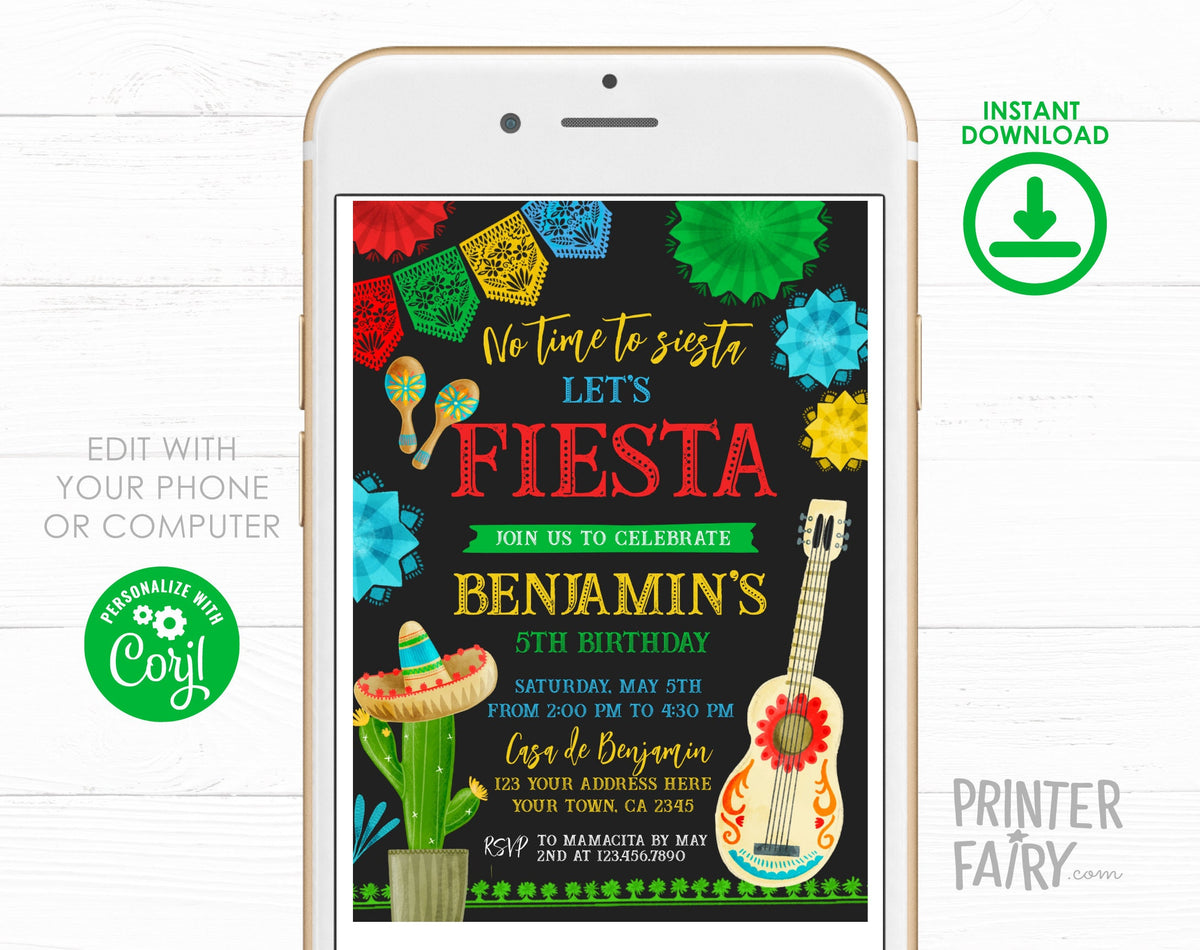 Editable Fiesta Birthday Invitation, Cinco de Mayo, Cactus (INSTANT DOWNLOAD)