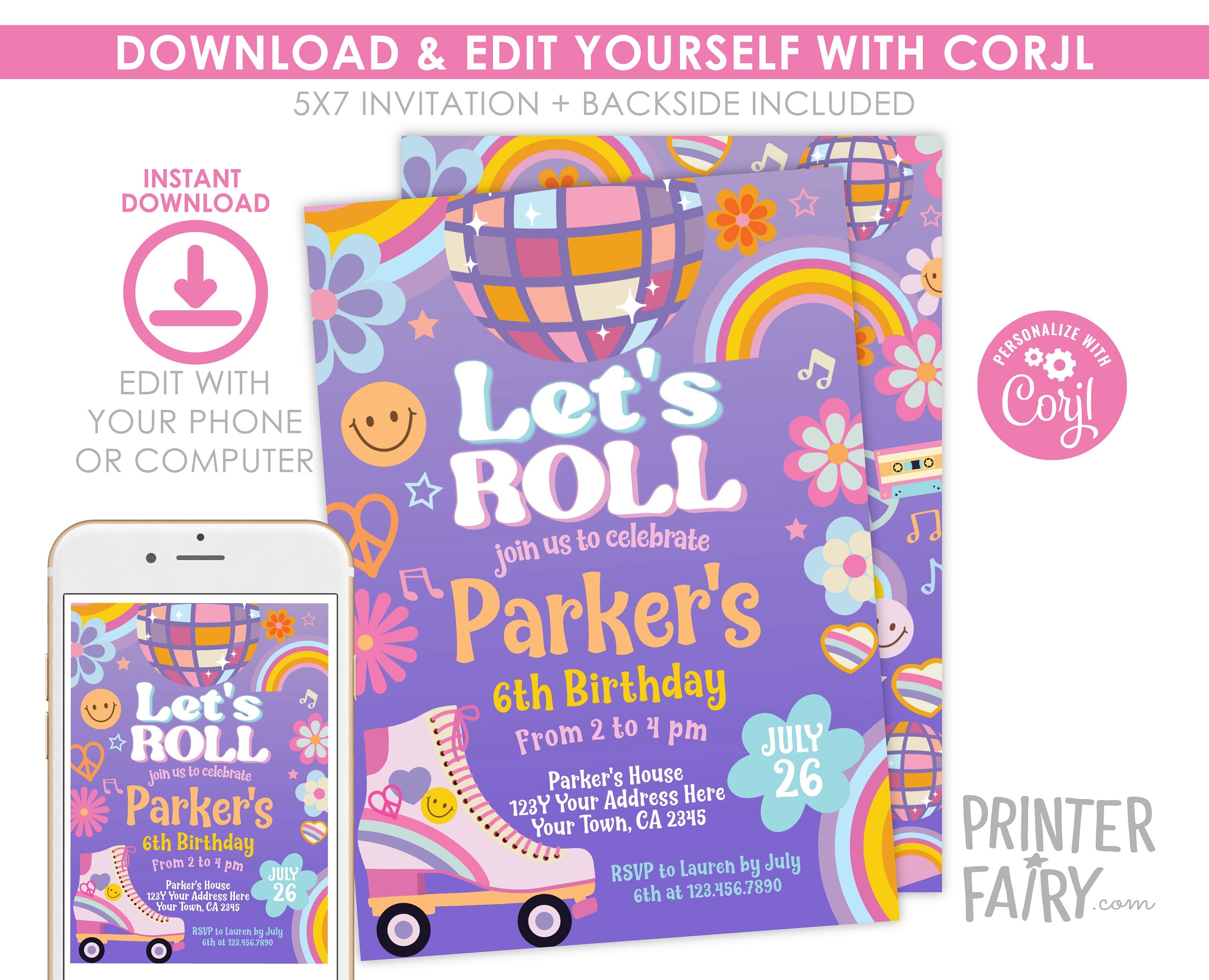 Disco Roller Skate Birthday Invitation, Editable Dance Party (INSTANT DOWNLOAD)