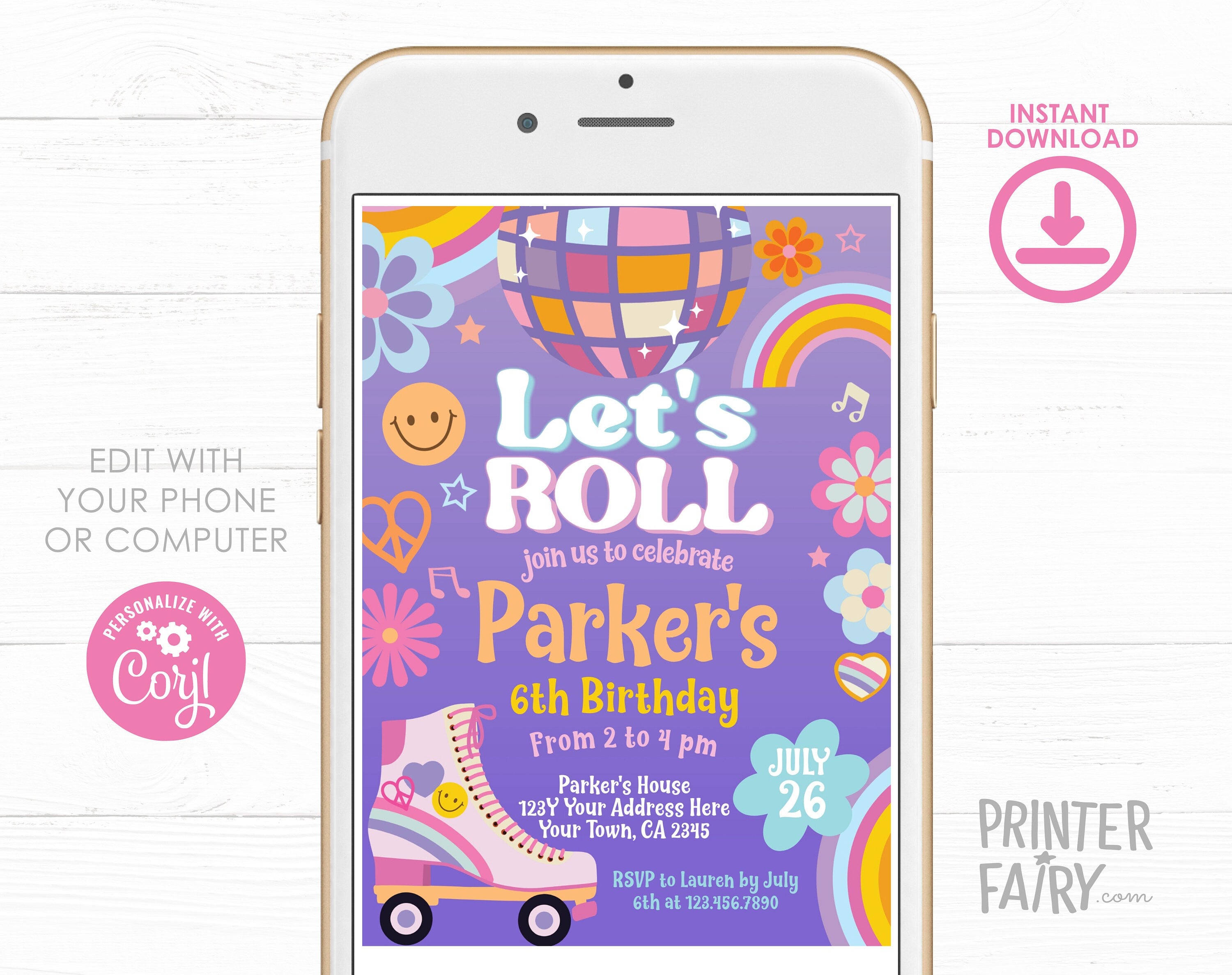 Disco Roller Skate Birthday Invitation, Editable Dance Party (INSTANT DOWNLOAD)