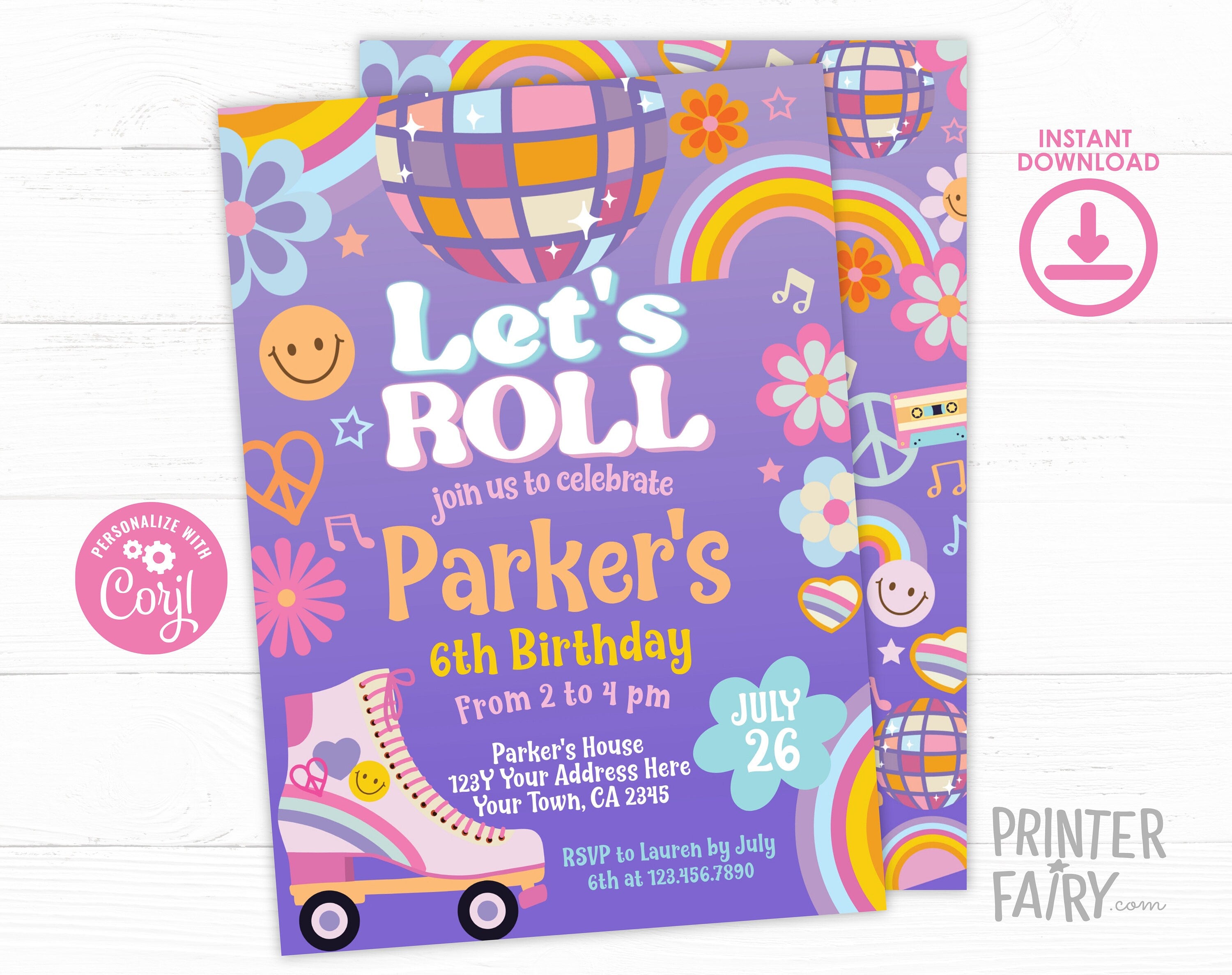 Disco Roller Skate Birthday Invitation, Editable Dance Party (INSTANT DOWNLOAD)