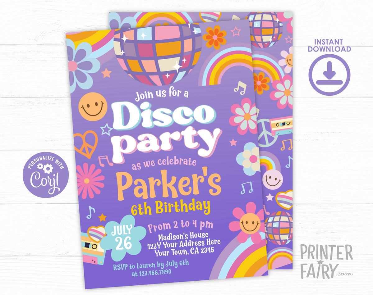 Editable Disco Birthday Party Invitation, Retro 70s Dance (Digital Item)