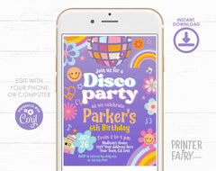 Editable Disco Birthday Party Invitation, Retro 70s Dance (Digital Item)