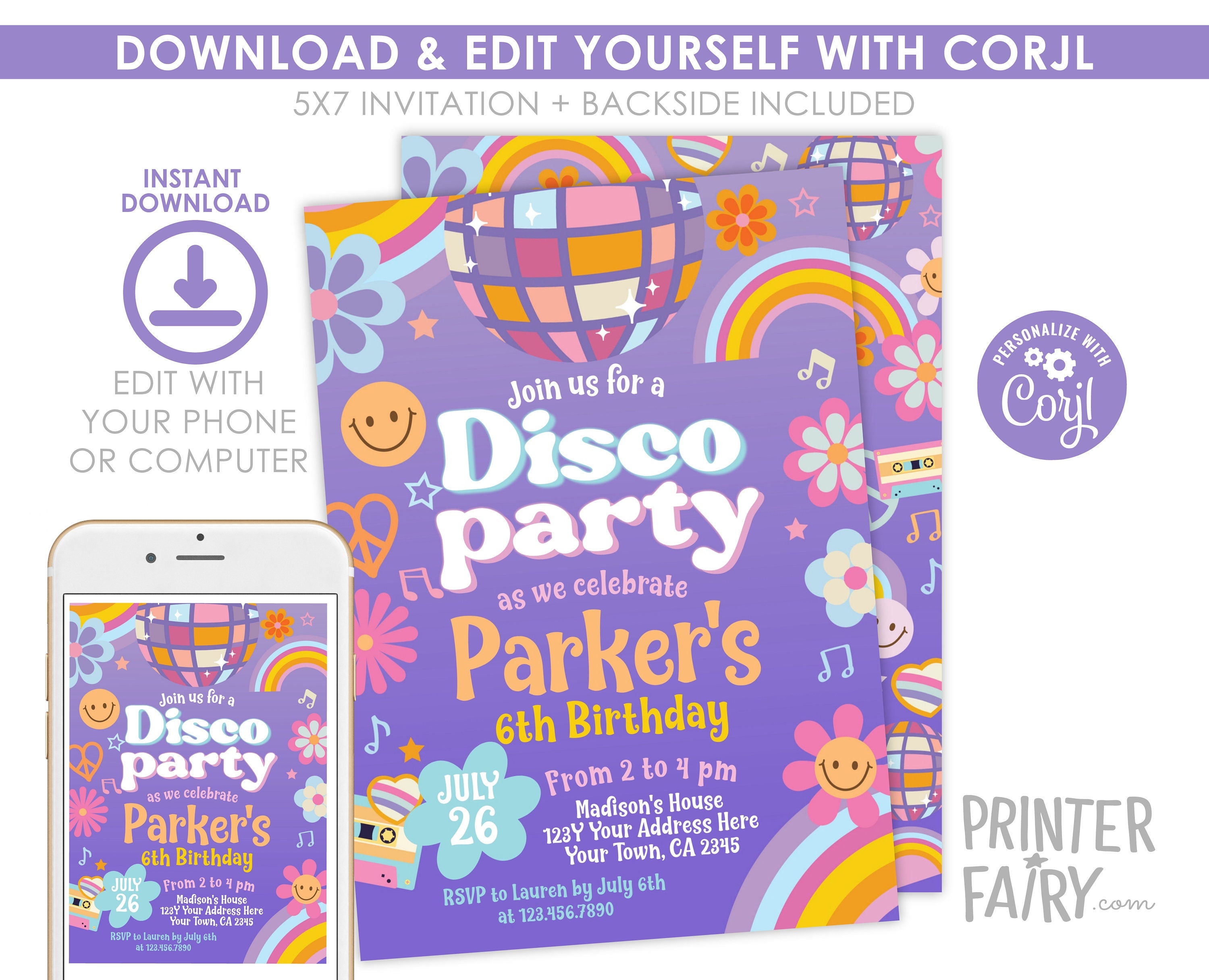 Editable Disco Birthday Party Invitation, Retro 70s Dance (Digital Item)