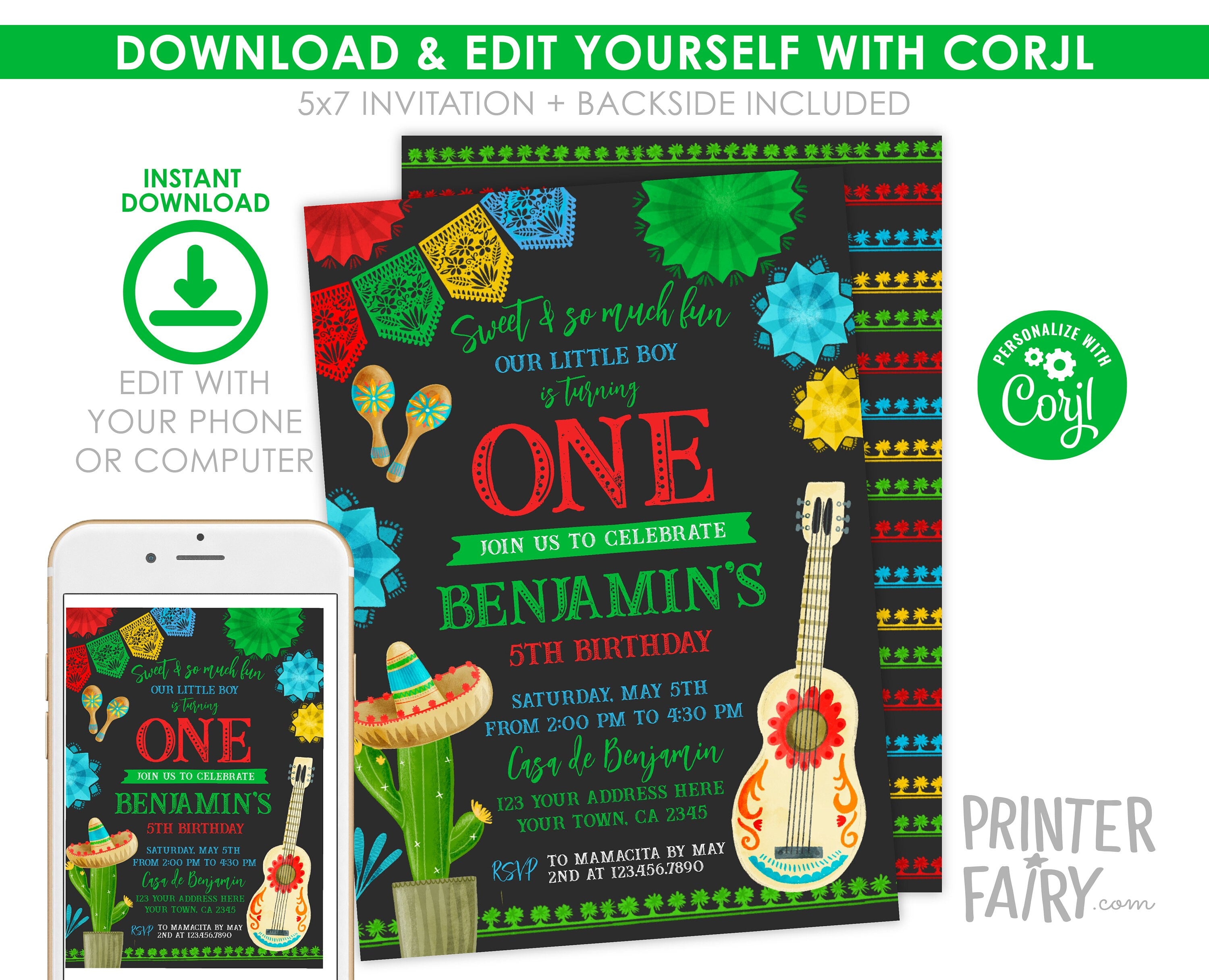 Cinco de Mayo Fiesta 1st Birthday Party Invitation EDITABLE Template, INSTANT DOWNLOAD